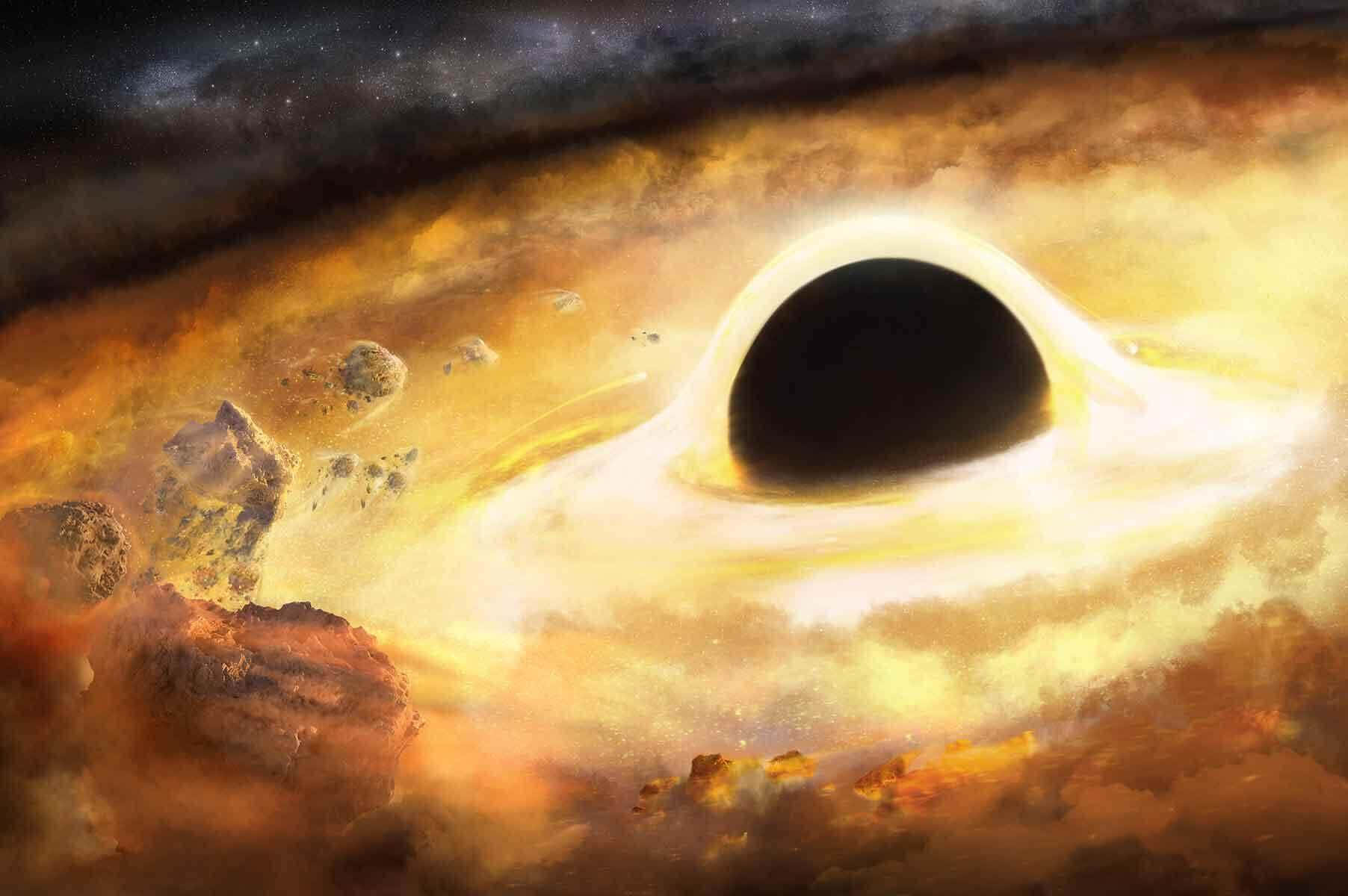 銀河 桌布 壁紙 — 一個宇宙黑洞，帶有發光的吸積盤和漂浮的小行星，位於熾熱的橙色和黃色星雲中。