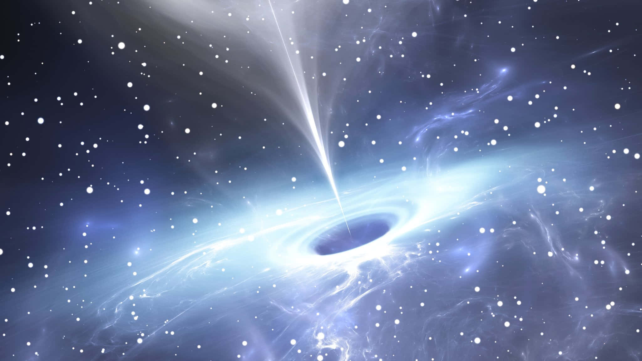 Black Hole Hubble Telescope 桌布 壁紙 — 一個宇宙黑洞，帶有發光的吸積盤和噴射流，背景是深空星場。