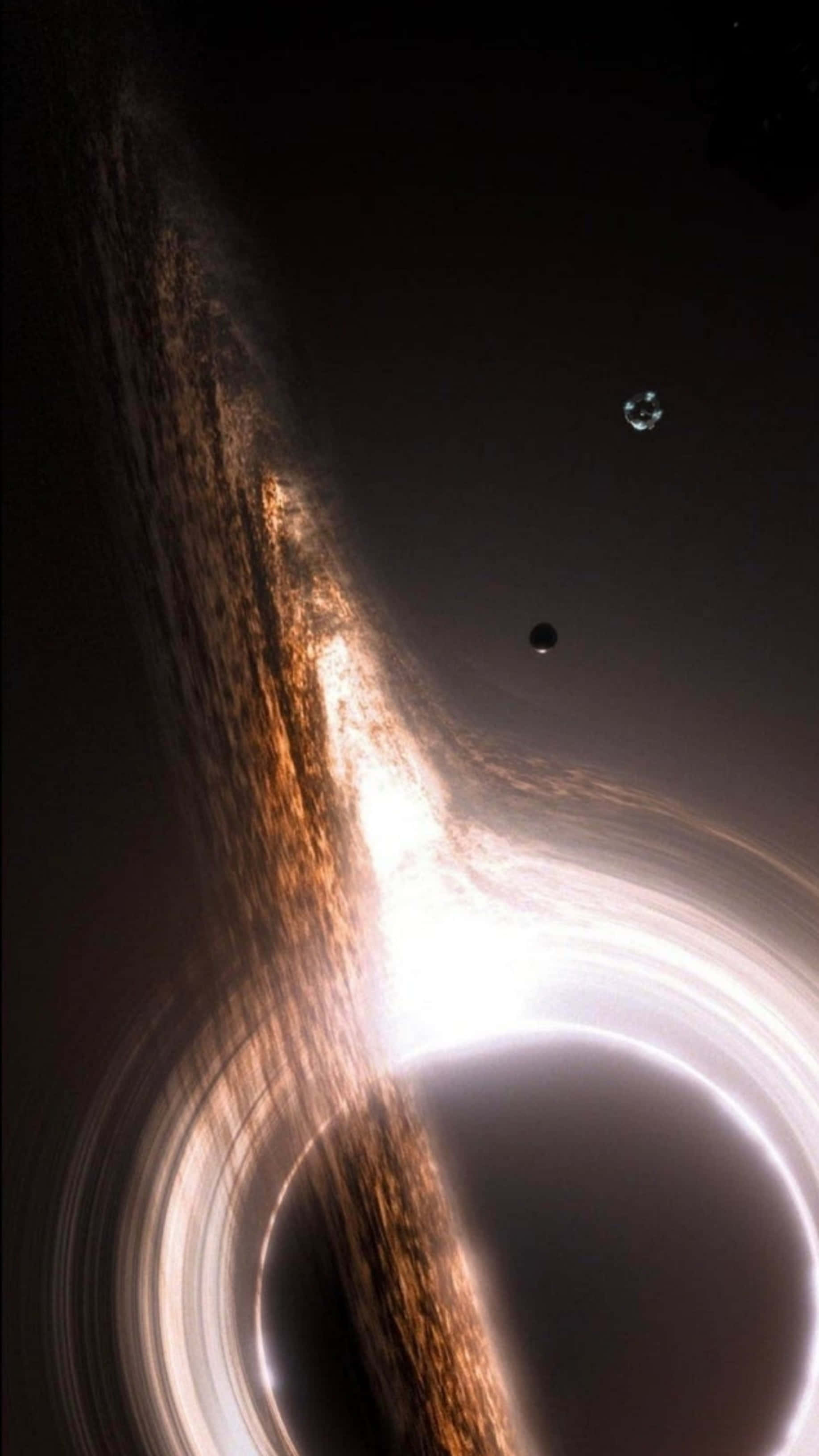 桌布 壁紙 — 一個宇宙黑洞，帶有發光的吸積盤和深空中的遙遠行星。