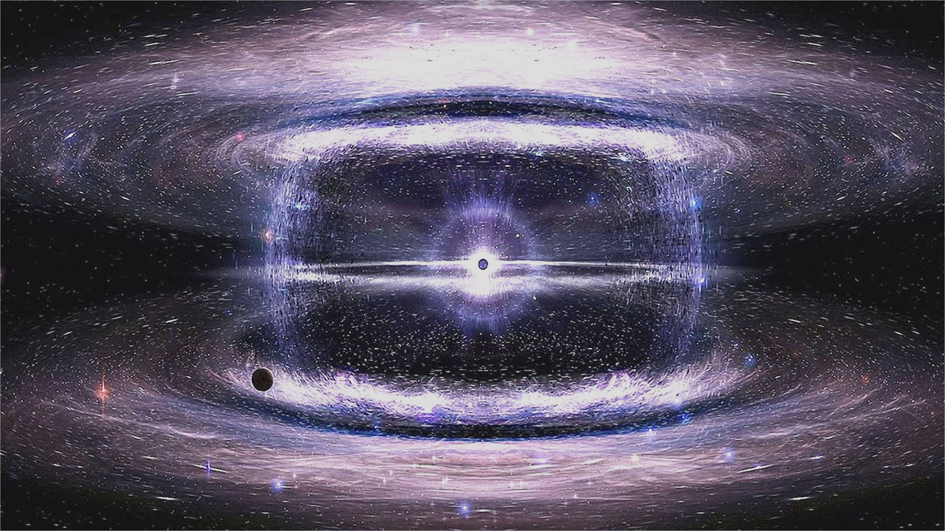 4K 太空 桌布 壁紙 — 一個宇宙黑洞，帶有發光的吸積盤和旋轉的紫色和藍色宇宙塵埃，背景是星場。