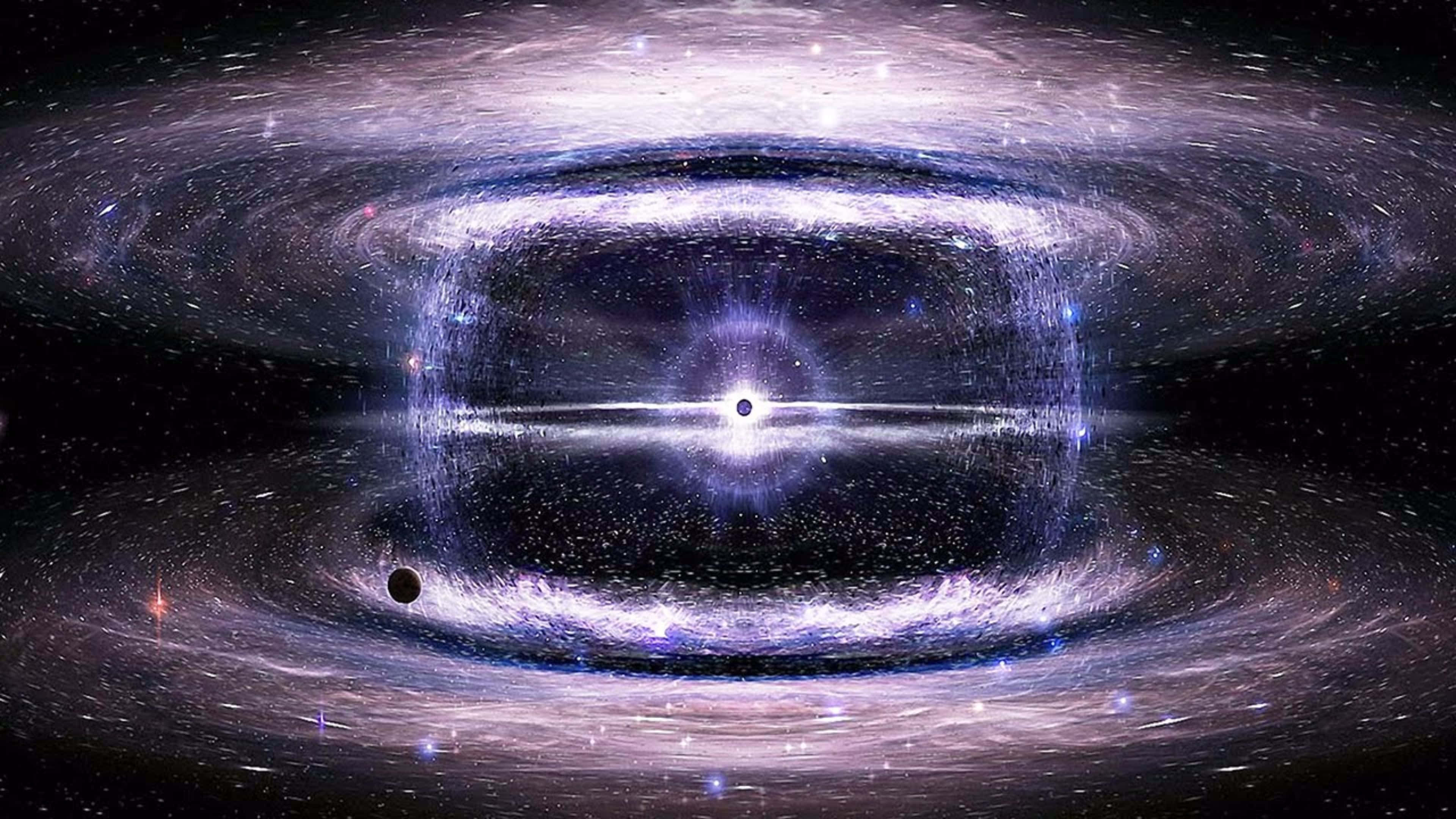 外太空 桌布 壁紙 — 一個宇宙黑洞，帶有發光的吸積盤和旋轉的紫色星雲，背景是星場。