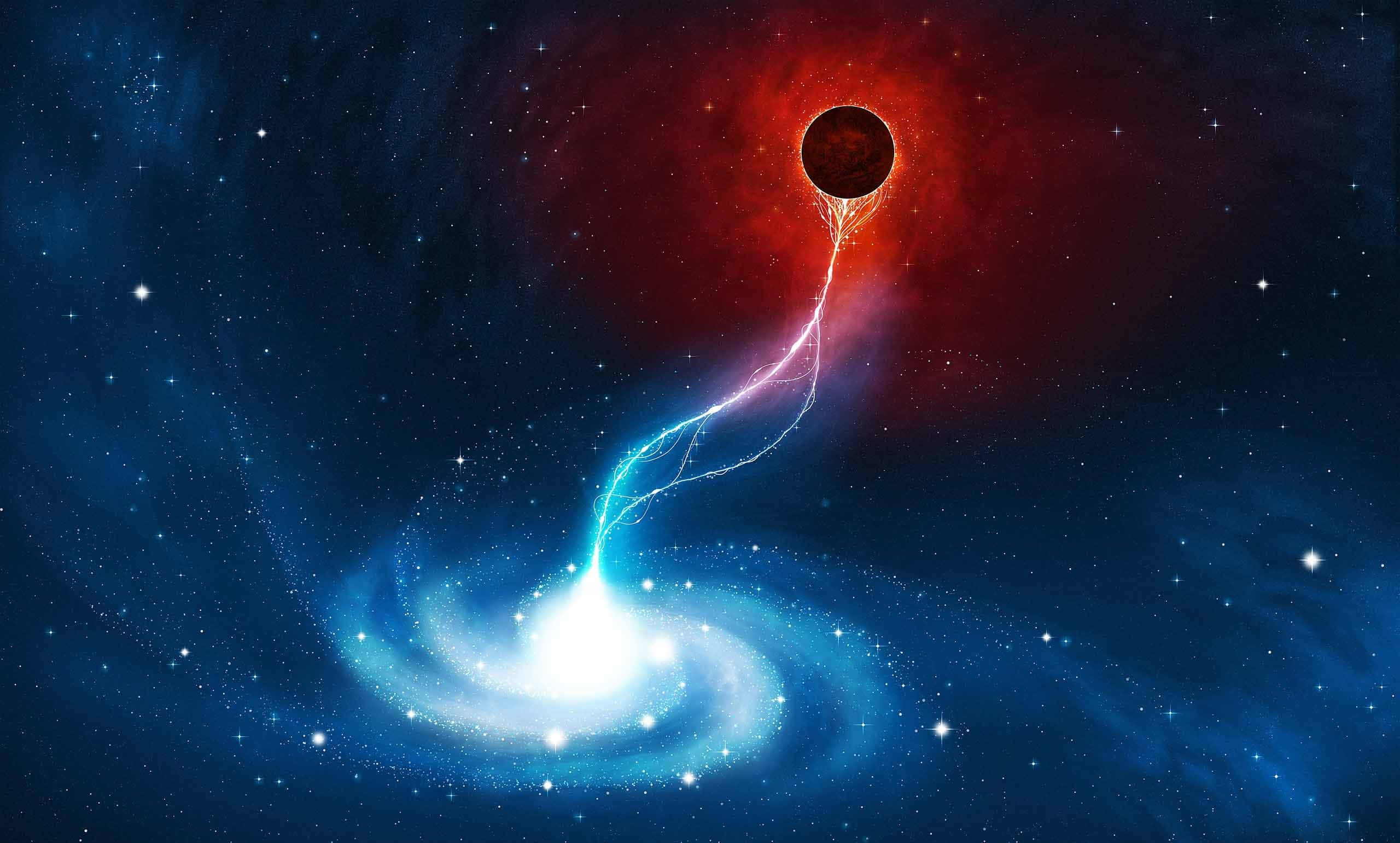 Spiral Galaxy 桌布 壁紙 — 一個宇宙黑洞，帶有發光的吸積盤和鮮豔的紅藍星雲，背景是繁星點點的太空。