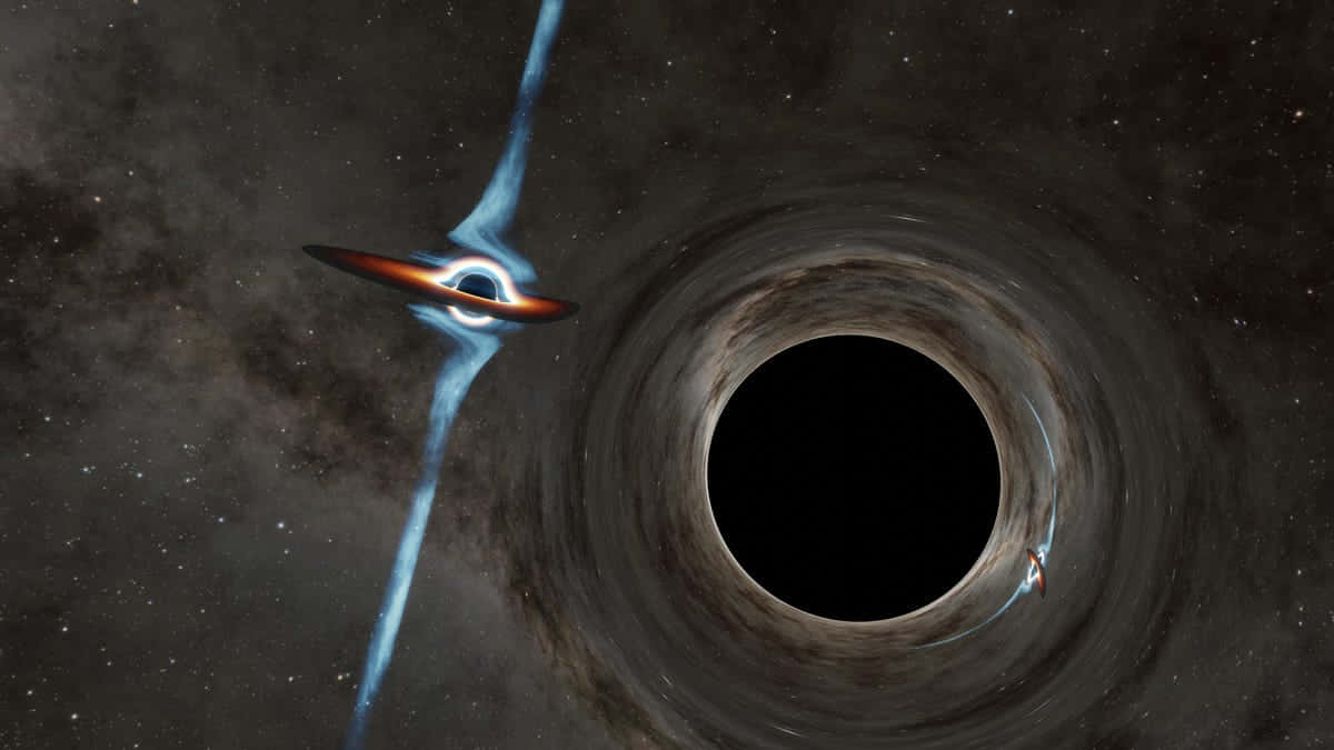 Black Hole Sun 桌布 壁紙 — 一個宇宙黑洞，帶有發光的吸積盤和旋轉的宇宙塵埃，背景是繁星點點的虛空。