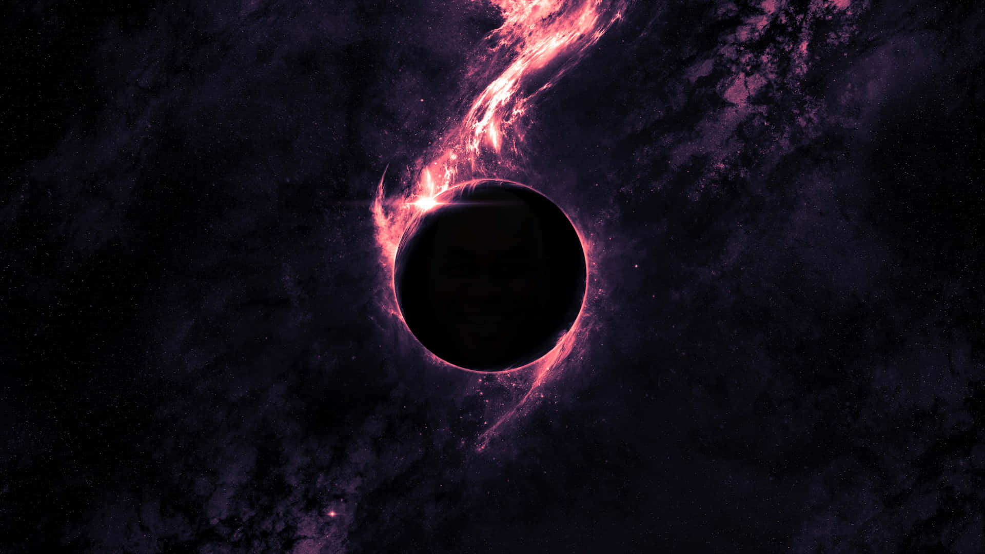 太空 桌布 壁紙 — 一個宇宙黑洞，帶有發光的粉紅色吸積盤，背景是充滿星星的黑暗星雲。