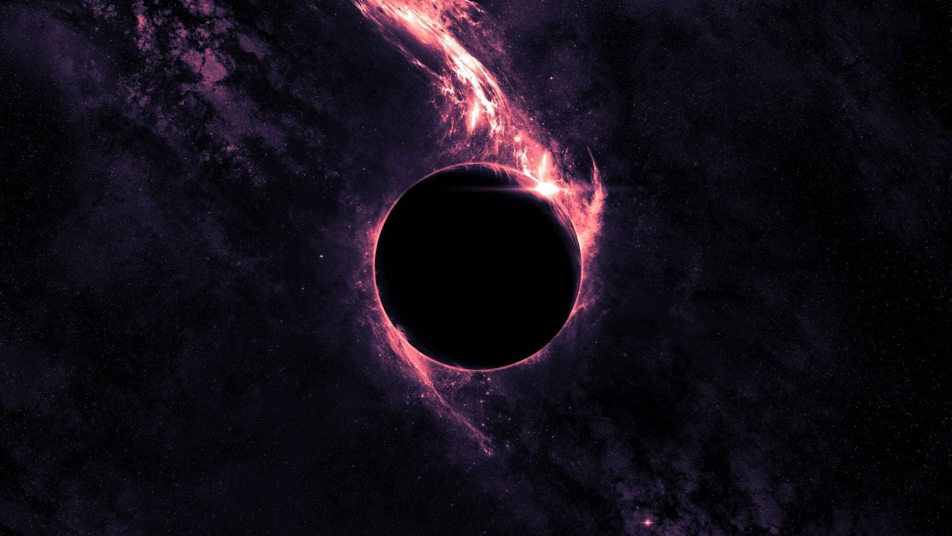 Stars 桌布 壁紙 — 一個宇宙黑洞，帶有發光的粉紅色和紫色吸積盤，背景是星光閃爍的黑暗太空。