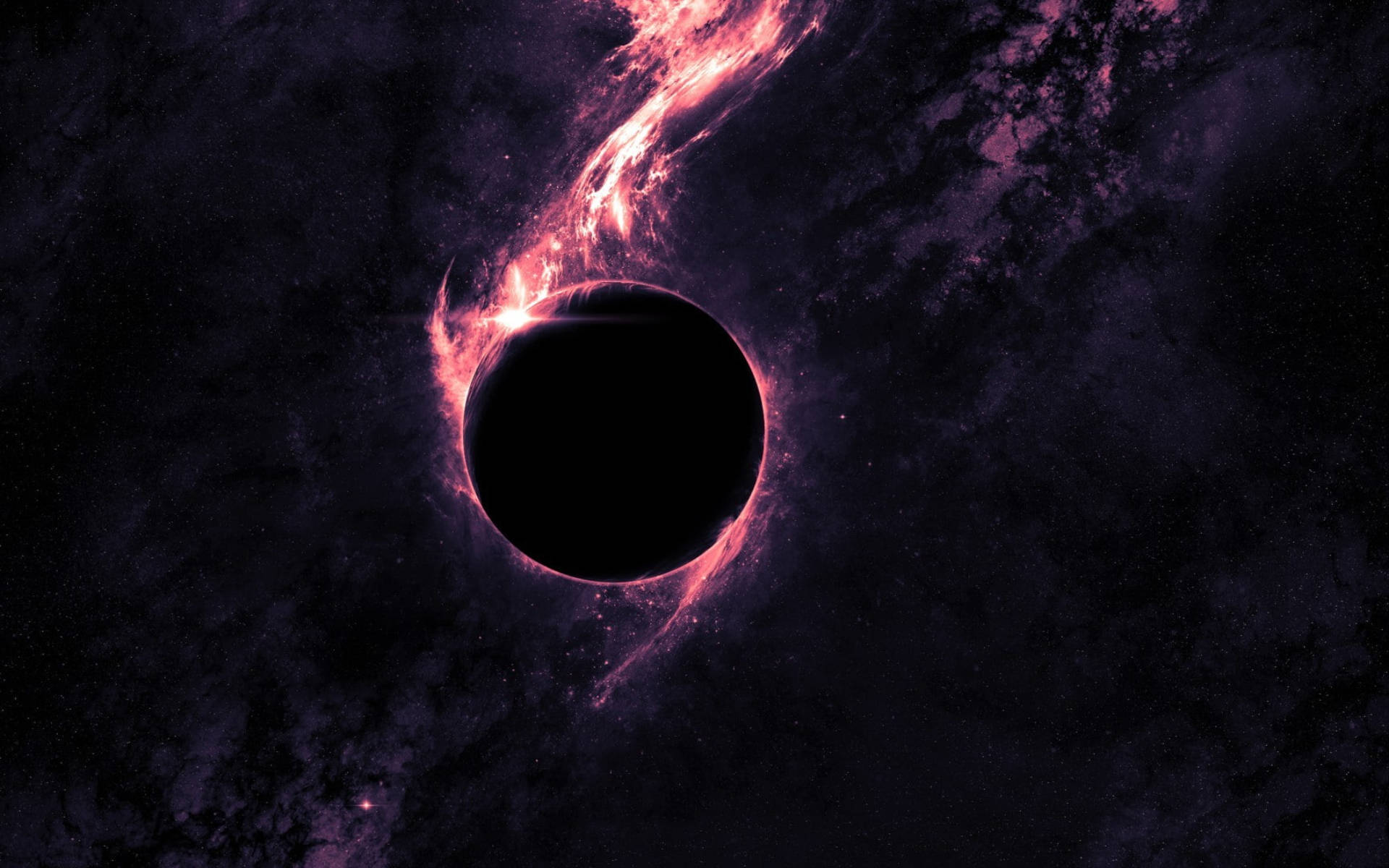 Black Planet 桌布 壁紙 — 一個宇宙黑洞，帶有發光的粉紅色和紫色吸積盤，背景是黑暗的星空。