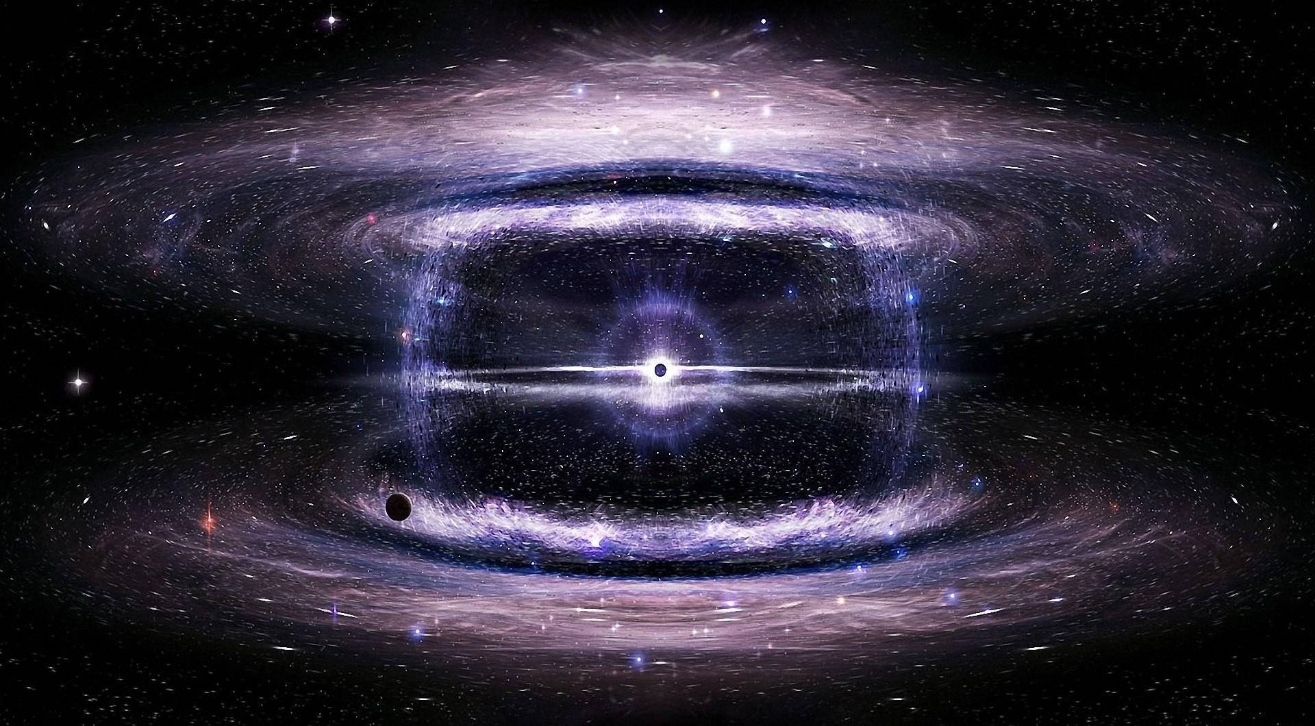 黑洞 桌布 壁紙 — 一個宇宙黑洞，帶有發光的紫色吸積盤，被深空中旋轉的恆星和宇宙塵埃環繞。