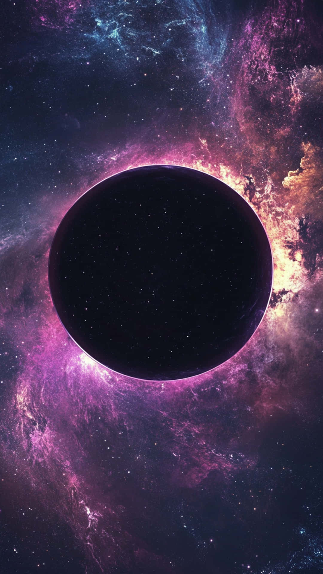 The super moon 壁紙 — 一個宇宙黑洞，帶有發光的紫色和橙色吸積盤，周圍環繞著星場和星雲。