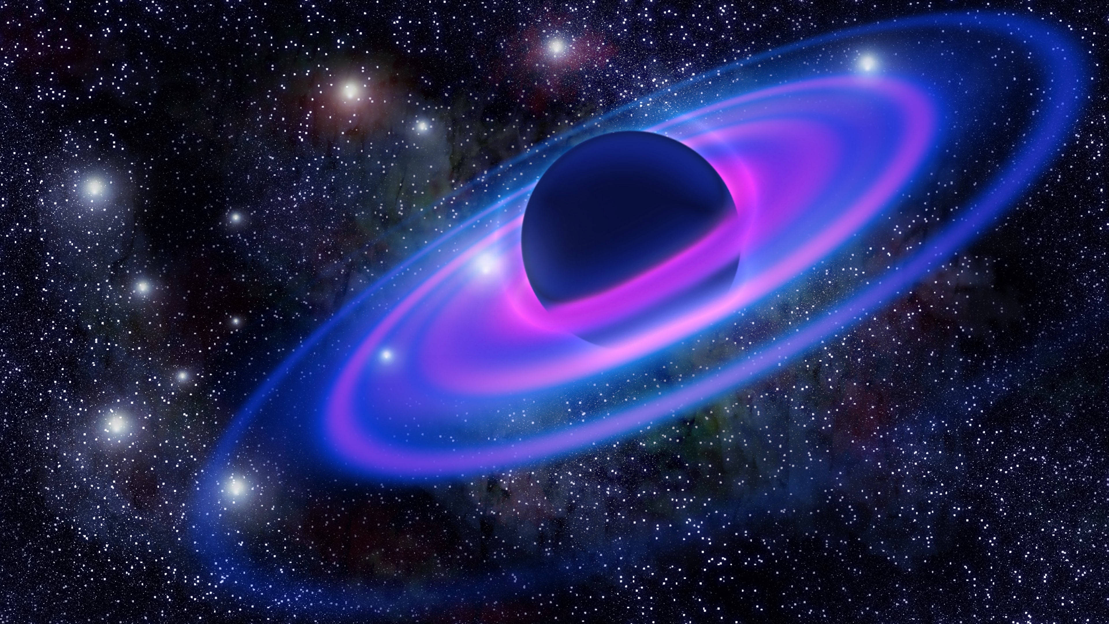 土星 桌布 壁紙 — 一個宇宙黑洞，帶有發光的紫色和藍色吸積盤，背景是繁星點點的夜空。