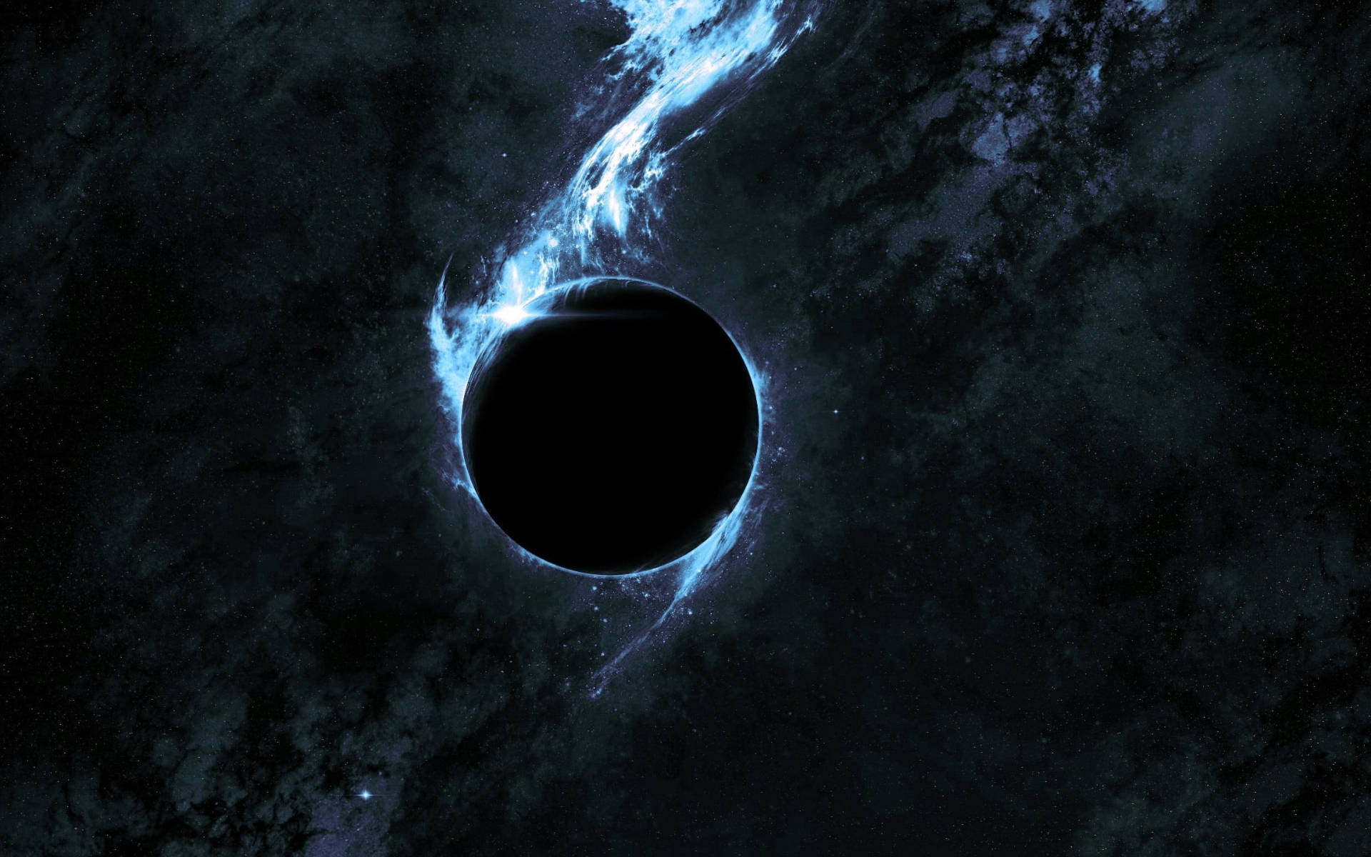Black Planet 桌布 壁紙 — 一個宇宙黑洞，帶有發光的藍色吸積盤，在黑暗的星空背景下旋轉。