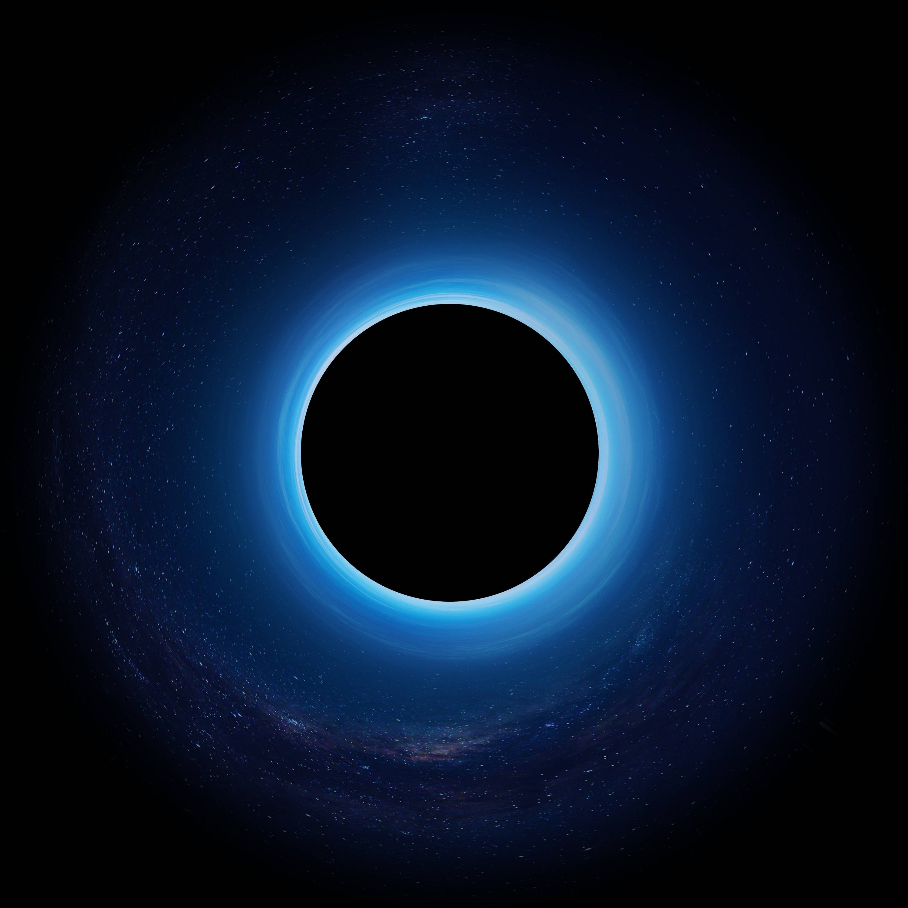 Black Planet 桌布 壁紙 — 一個宇宙黑洞，帶有發光的藍色吸積盤，背景是繁星點點的深空。