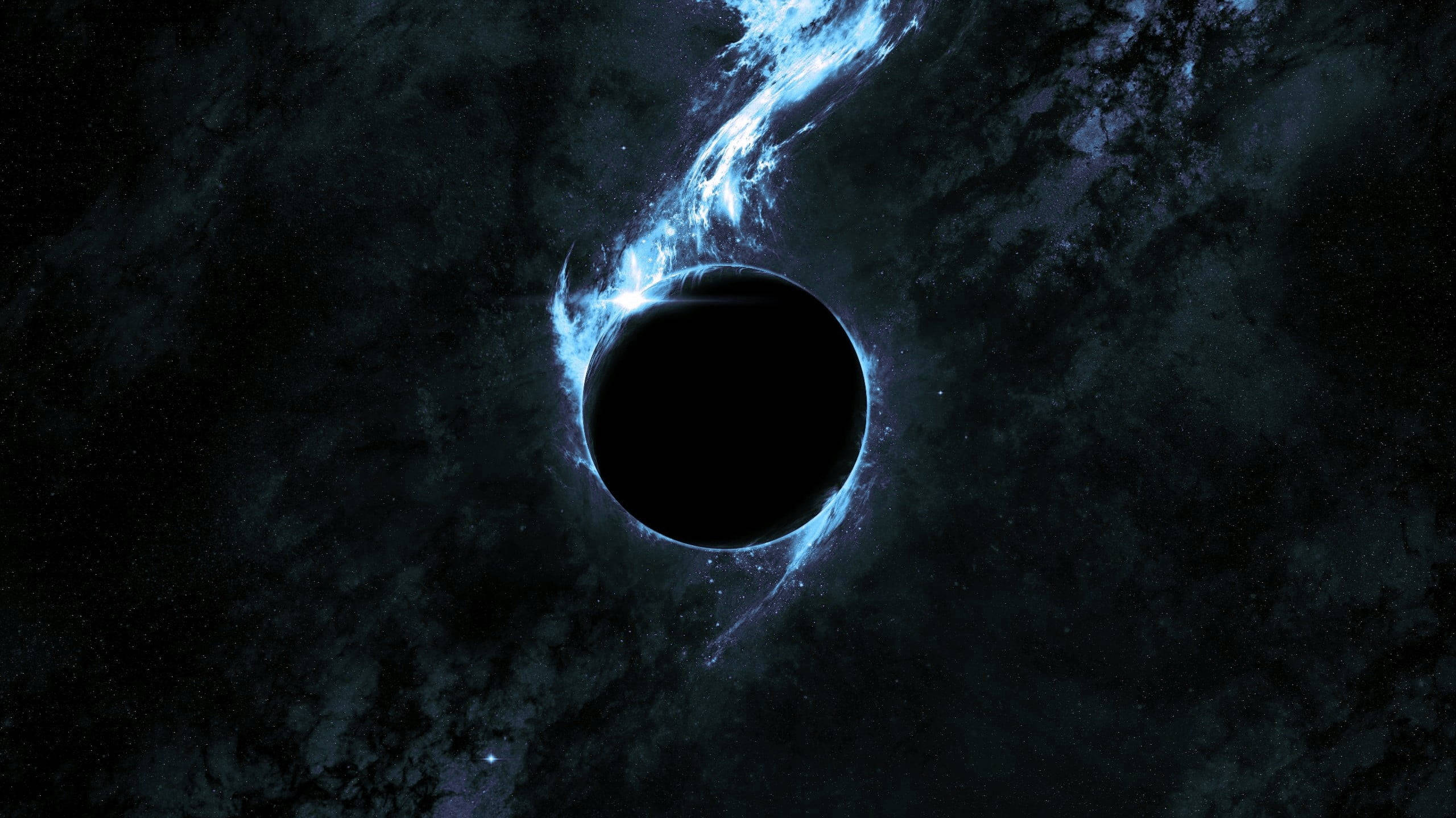 Eclipse 桌布 壁紙 — 一個宇宙黑洞，帶有發光的藍色吸積盤，在充滿恆星的黑暗星雲中旋轉。