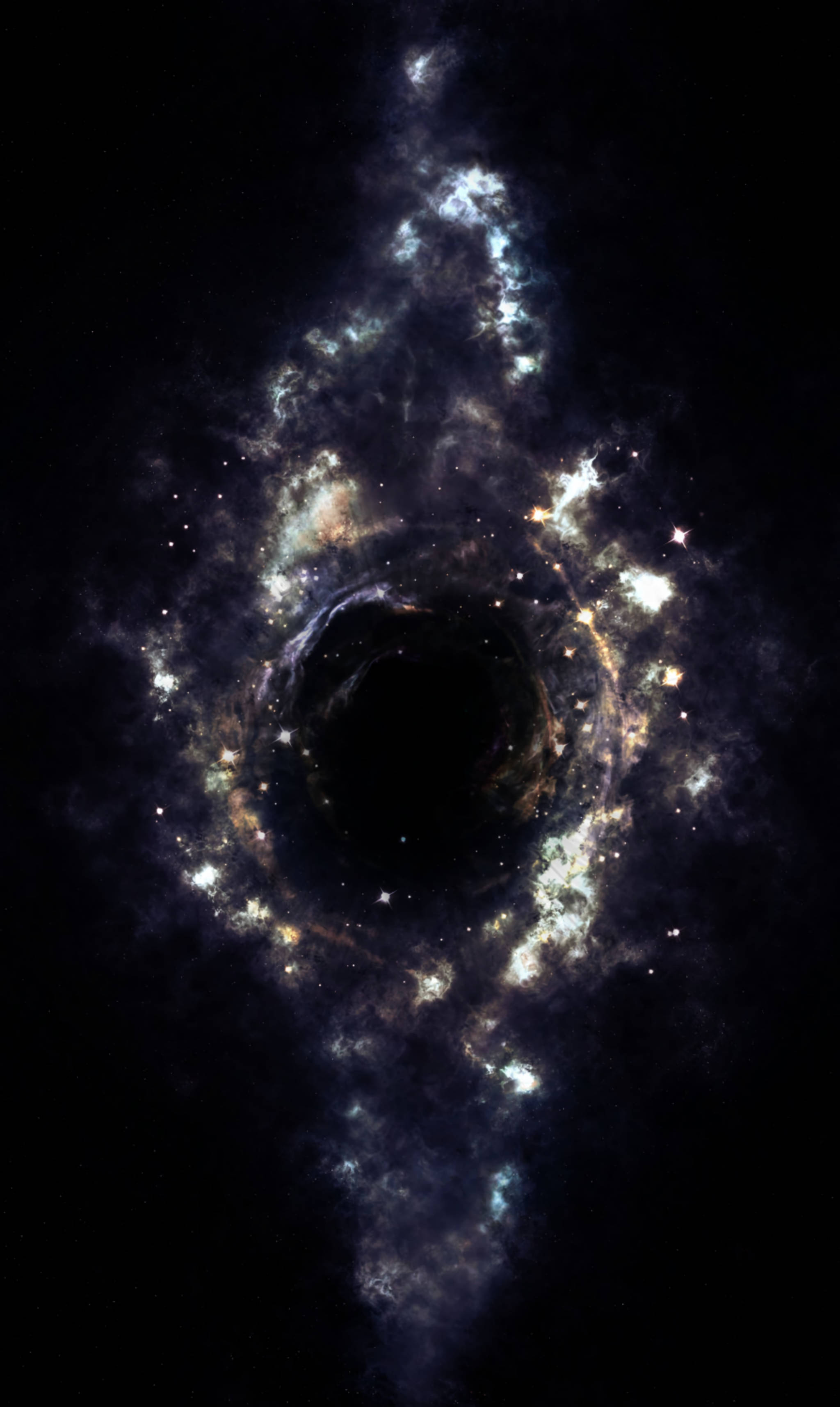 銀河 桌布 壁紙 — 一個宇宙黑洞，被旋轉的藍色和白色星雲以及發光的星星包圍，背景是黑暗虛空。