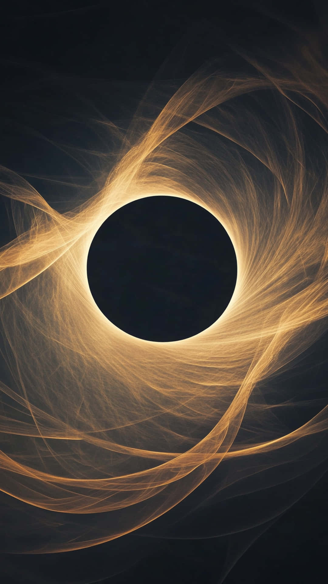 Black background with lighting galaxy background 壁紙 — 一個宇宙黑洞，被旋轉的金色光芒包圍，背景是黑暗虛空。