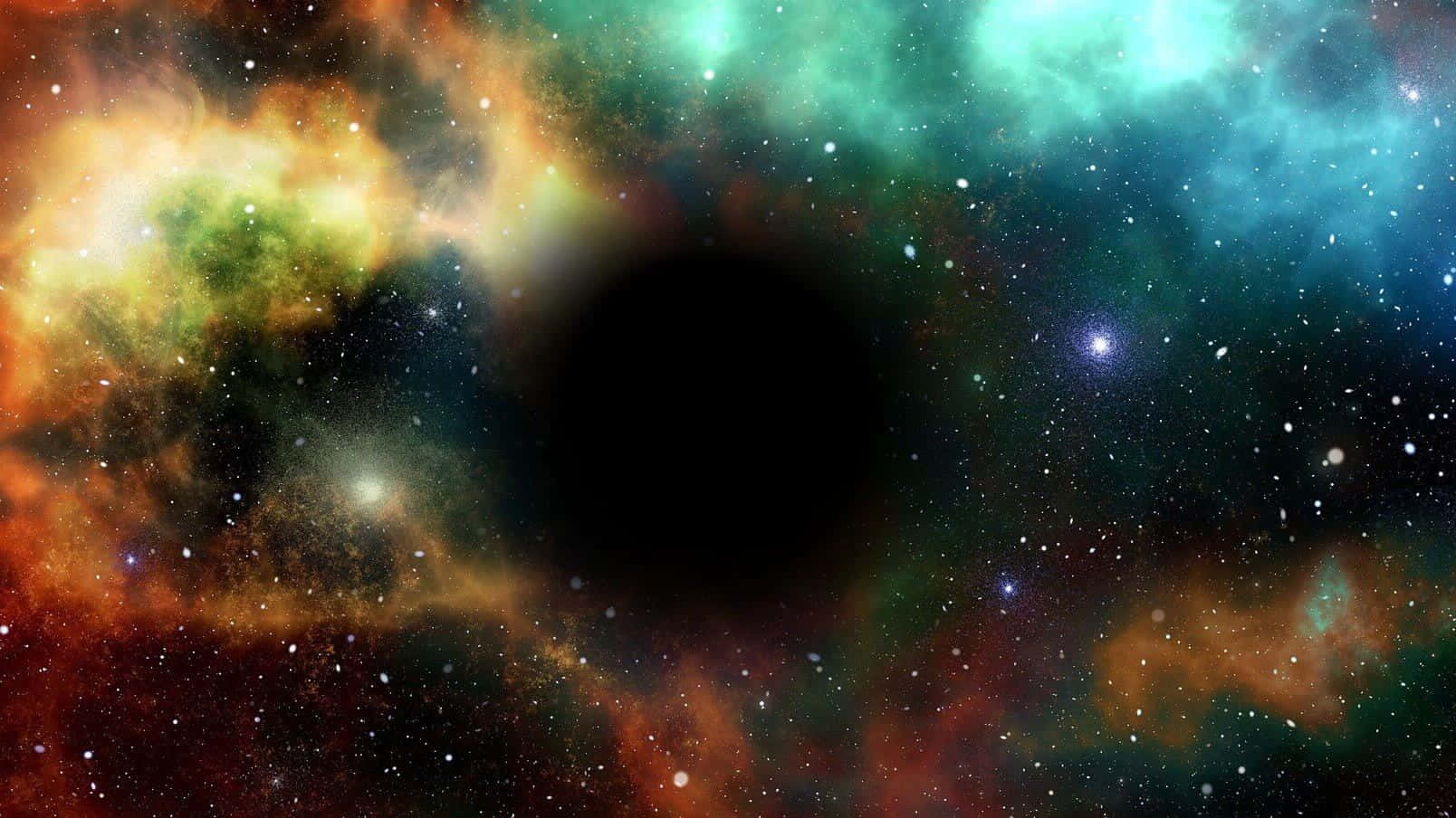 Black Hole Hubble Telescope 桌布 壁紙 — 一個宇宙黑洞，被火橙色、藍綠色和深藍色的漩渦星雲環繞，背景是星場。