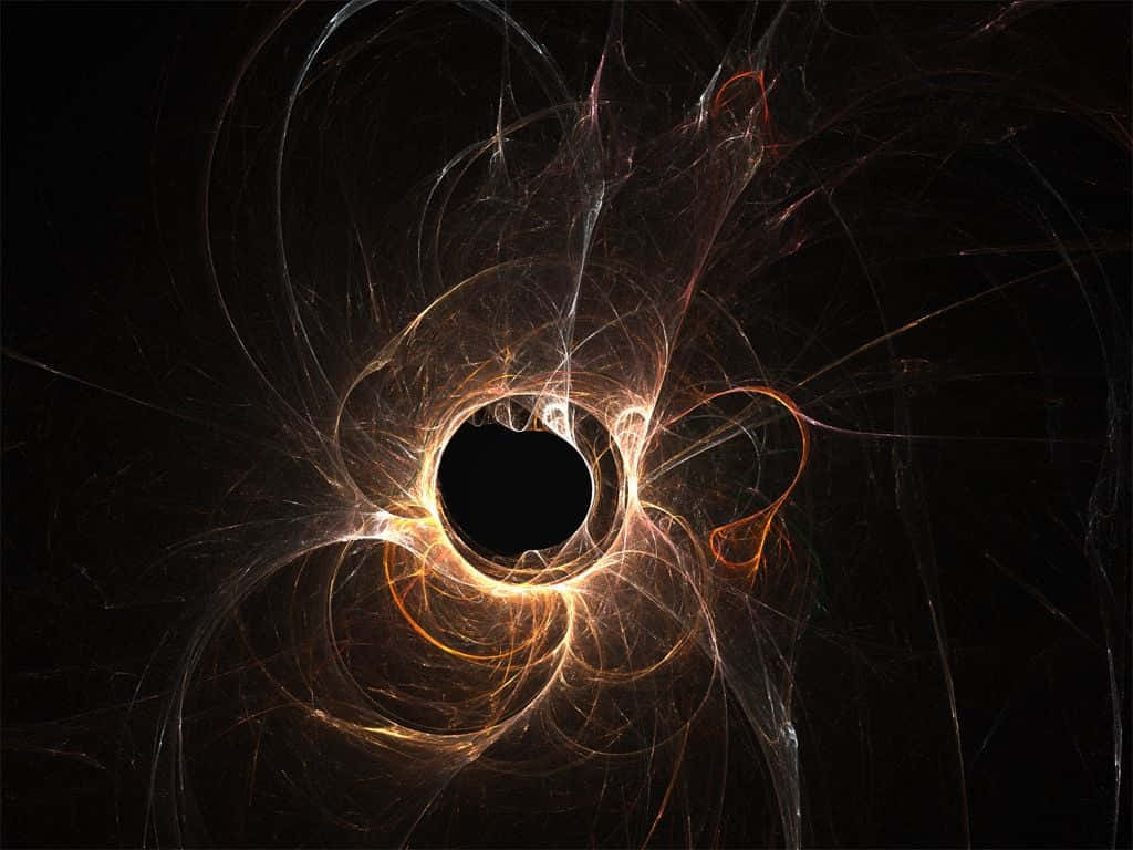 Black Hole Sun 桌布 壁紙 — 一個宇宙黑洞，被發光的橙色和白色碎形能量流包圍，背景是黑暗虛空。