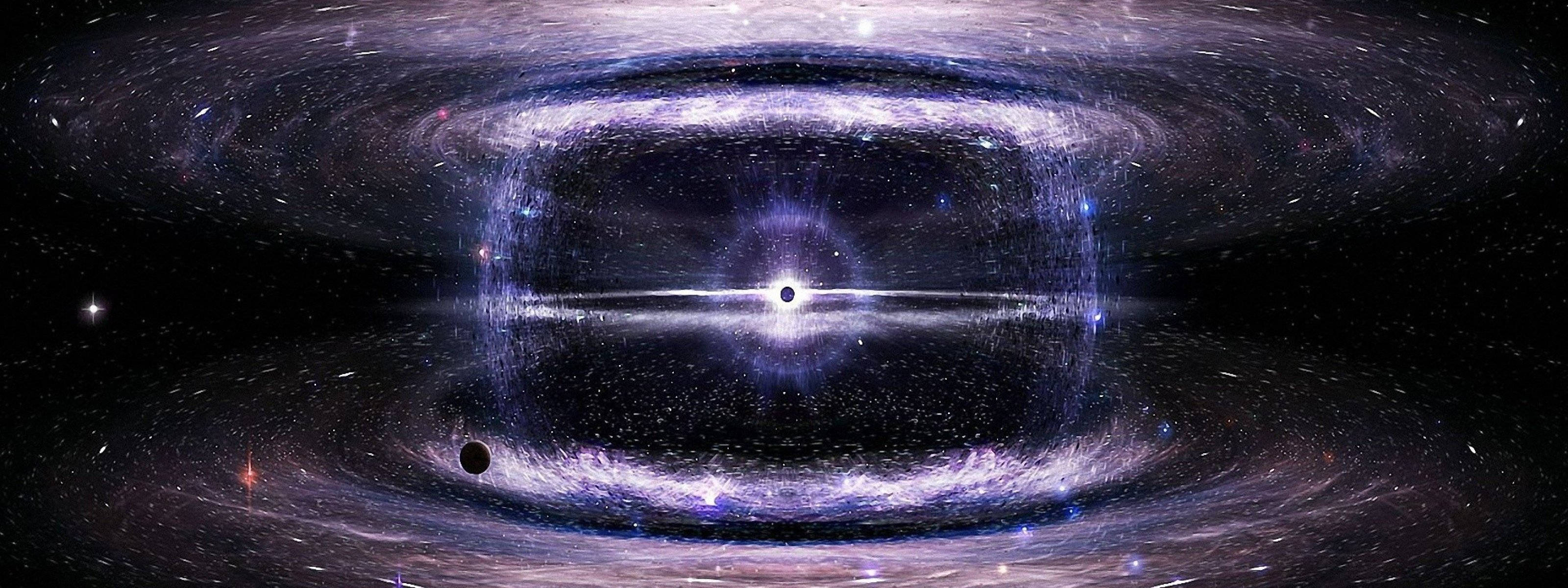宇宙 桌布 壁紙 — 一個宇宙黑洞，被發光的紫色吸積盤包圍，盤中有旋轉的恆星和宇宙塵埃，位於深空。
