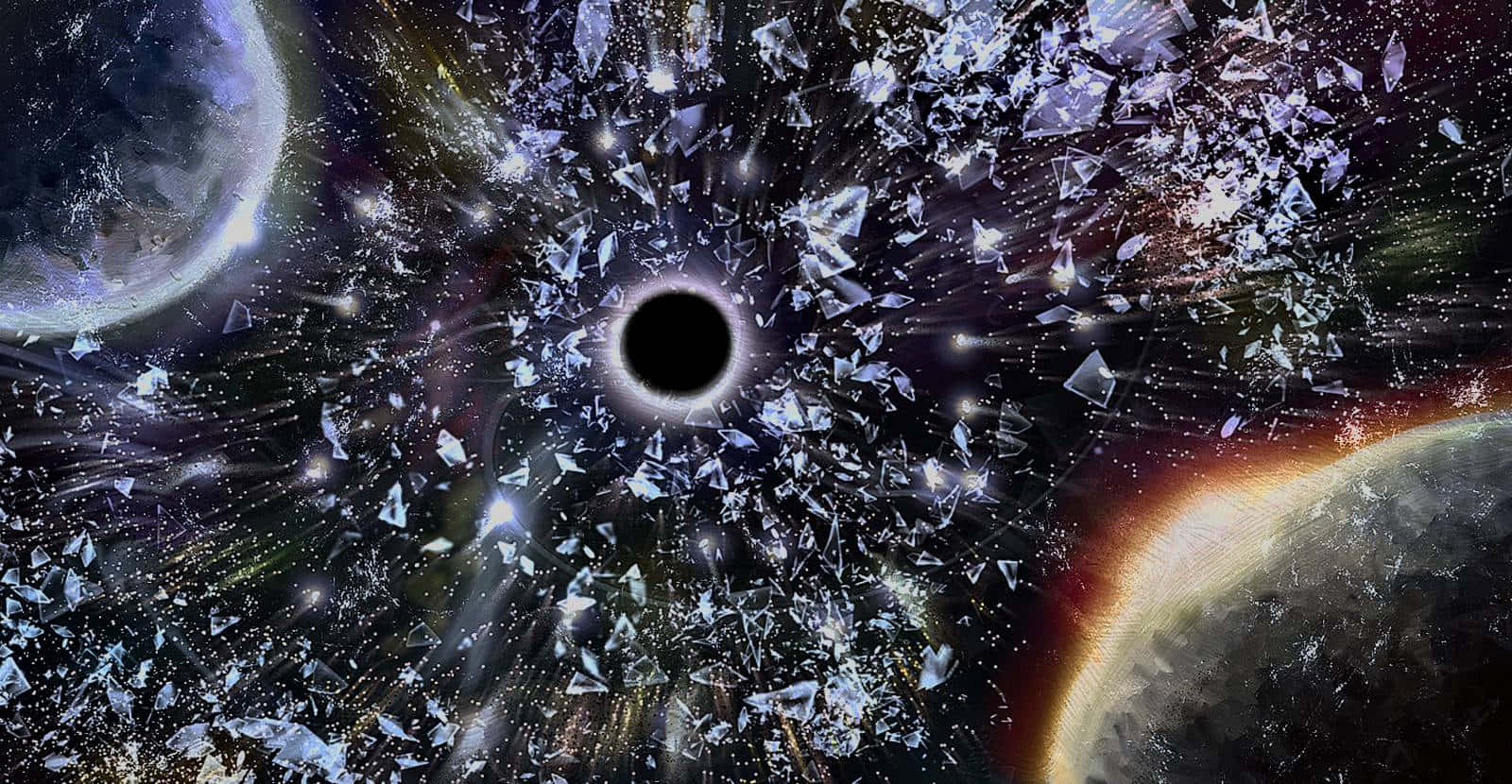 Constellation 桌布 壁紙 — 一個宇宙黑洞吞噬著水晶碎片，周圍環繞著旋轉的恆星和行星，構成戲劇性的太空場景。