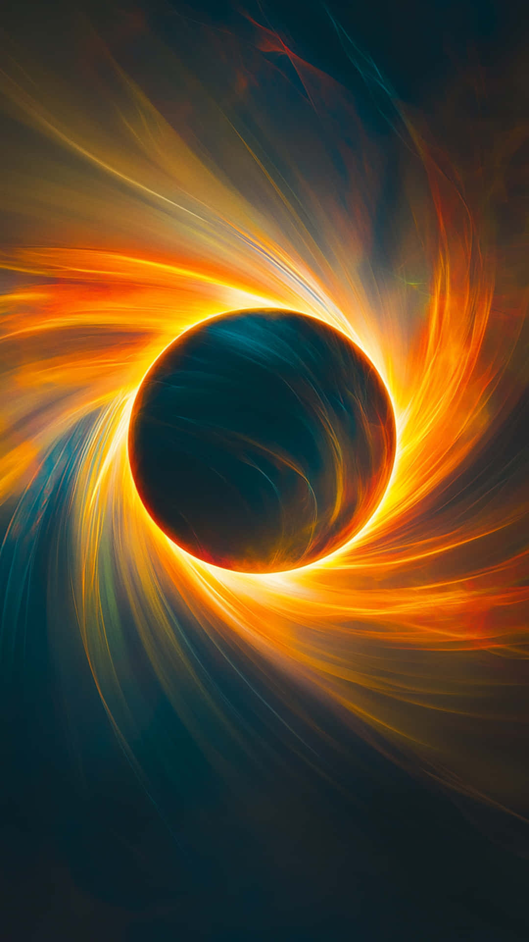Neon Galaxy with abstract background 壁紙 — 一個宇宙黑洞在動態抽象太空場景中，以火熱的橙色和藍綠色光芒旋轉。