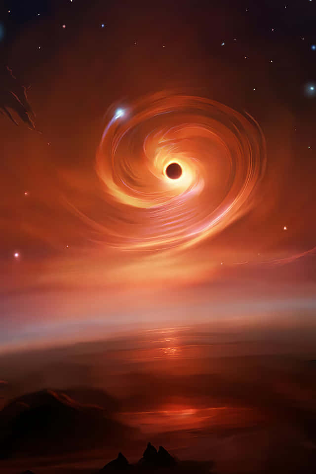 640x960 桌布 壁紙 — 一個宇宙黑洞在星空下，於迷霧籠罩的外星景觀上方，旋轉著熾熱的橙色和紅色吸積盤。