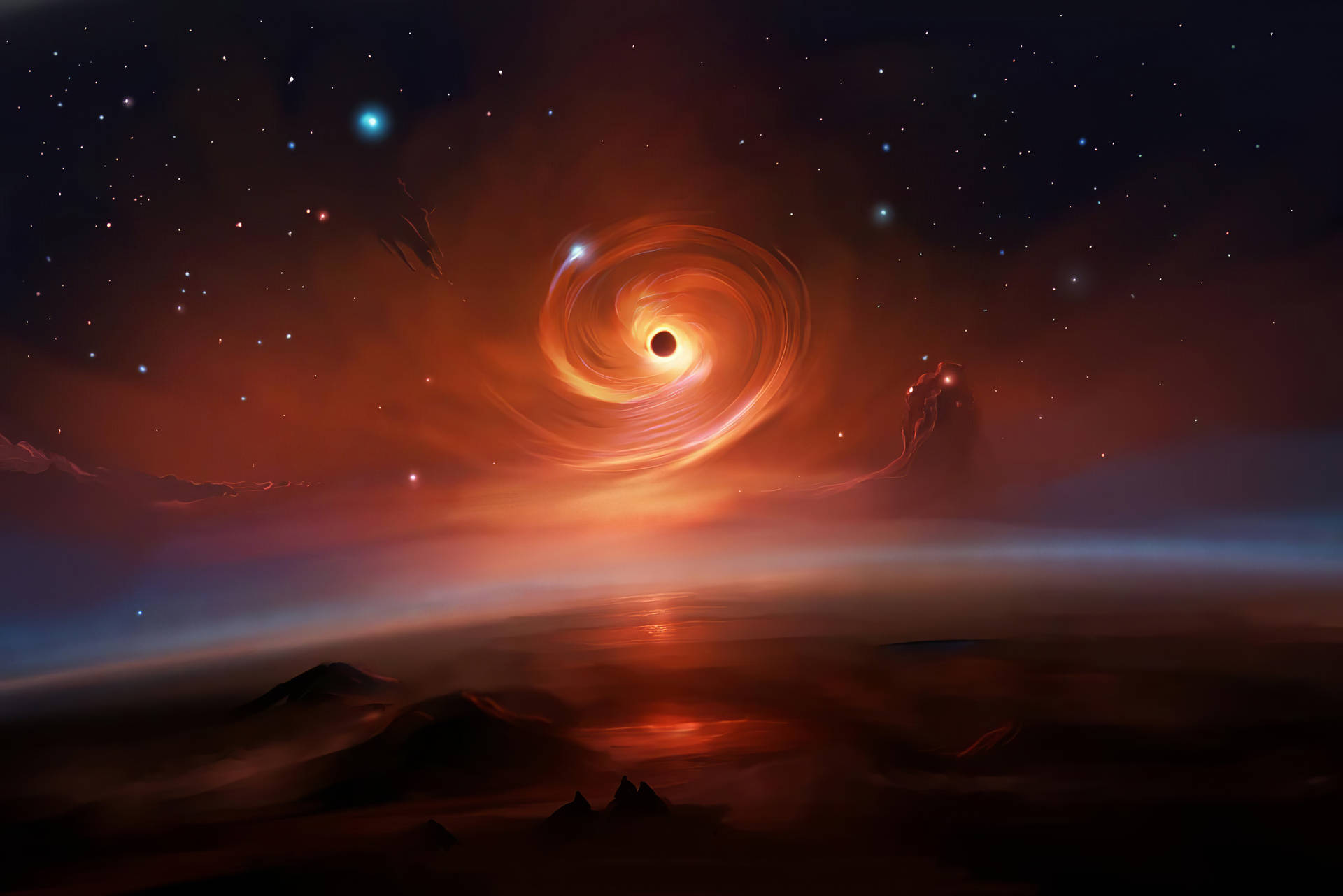 外星景觀，天空中有發光的黑洞，位於遠處山脈之上。 — 黑洞 GIF 壁紙