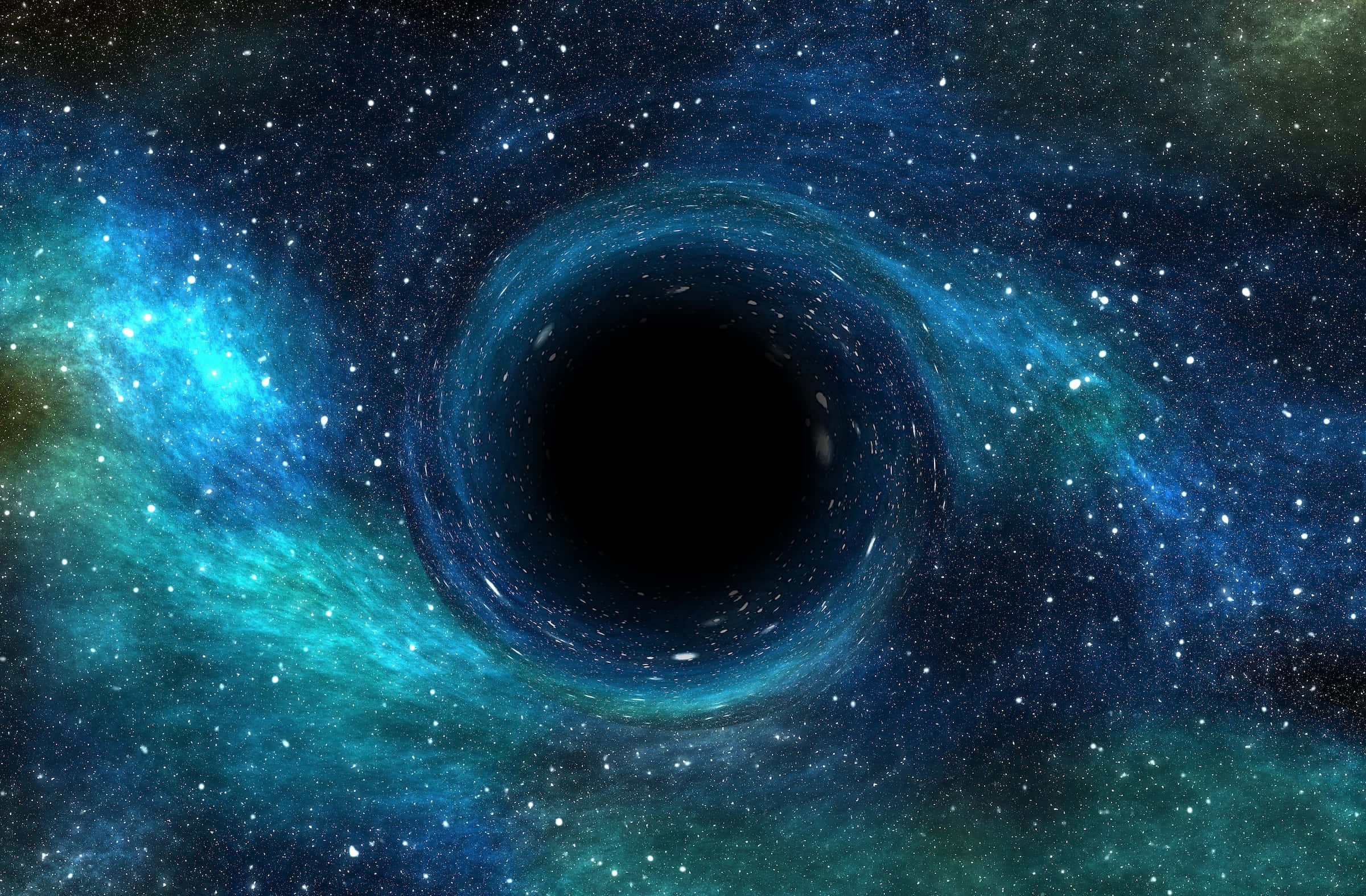 太空 桌布 壁紙 — 一個宇宙黑洞在深空星場中旋轉著充滿活力的藍色和藍綠色星雲。