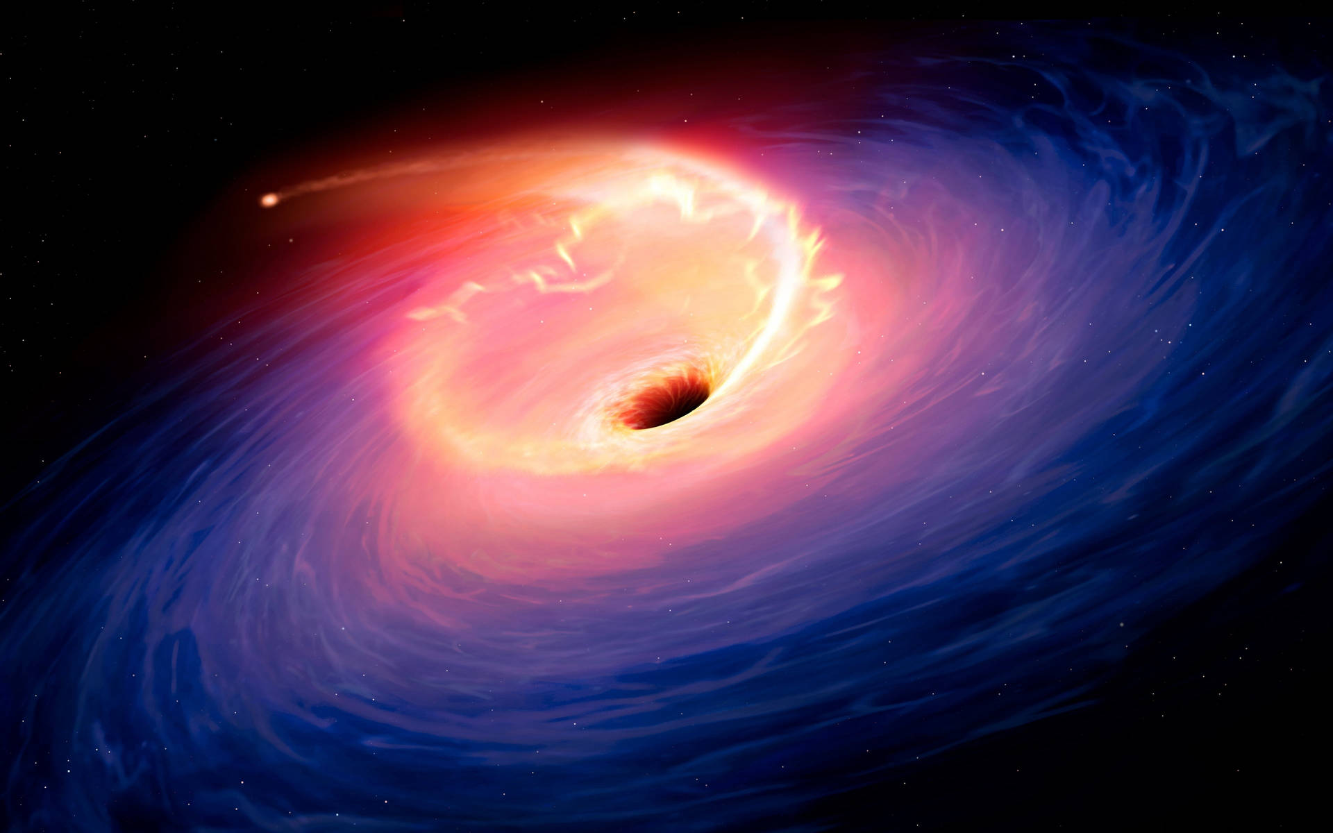 一個被旋轉彩色氣體和深空恆星包圍的黑洞。 — 黑洞 GIF 壁紙