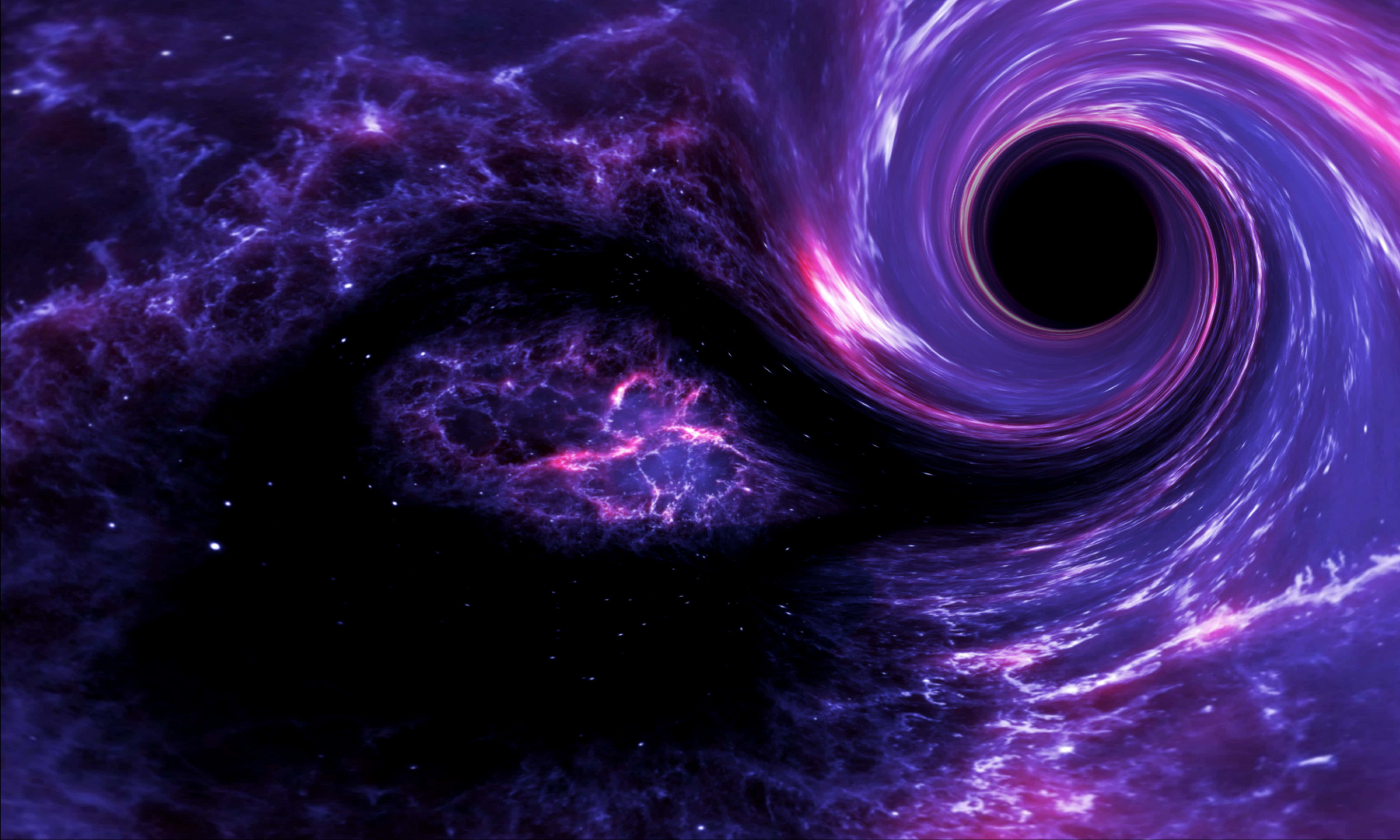 Galaxy Artwork 桌布 壁紙 — 一個宇宙黑洞在繁星點點的虛空中旋轉著充滿活力的紫色和粉紅色宇宙塵埃。