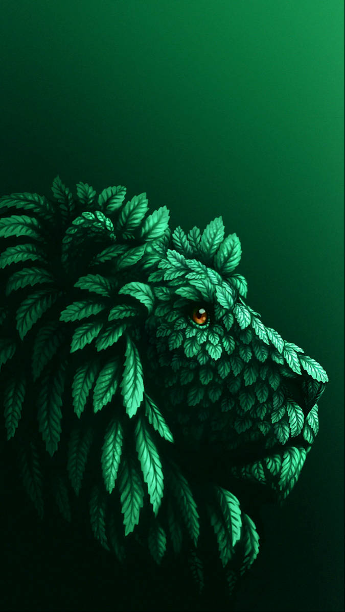 iPhone 桌布 壁紙 — 一個完全由茂密綠葉組成的獅子頭，在漸變綠色背景上有一隻發光的琥珀色眼睛。