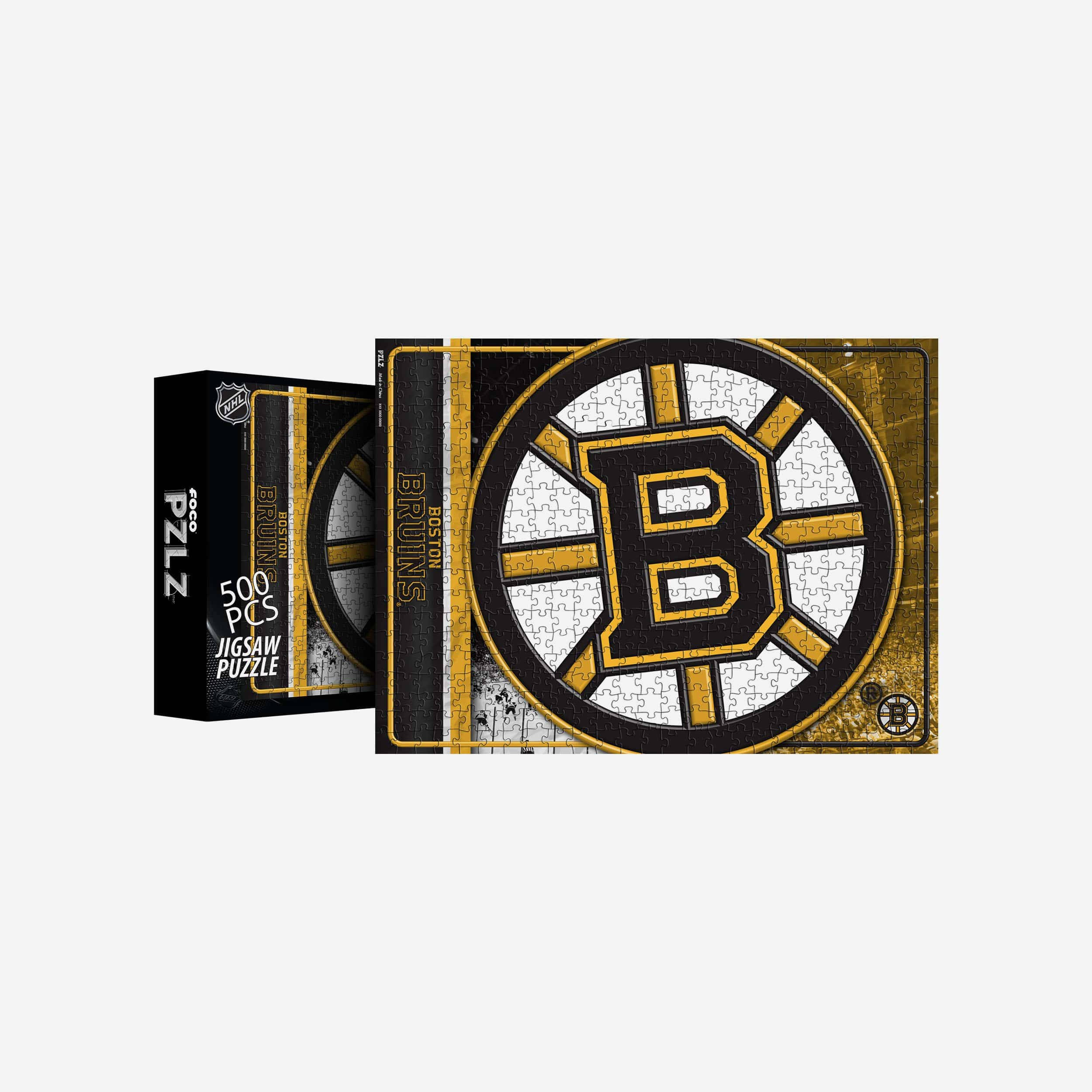 Boston Bruins Logo 桌布 壁紙 — 一個完成的500片拼圖，帶有波士頓棕熊NHL標誌，顏色為黑色、金色和白色。