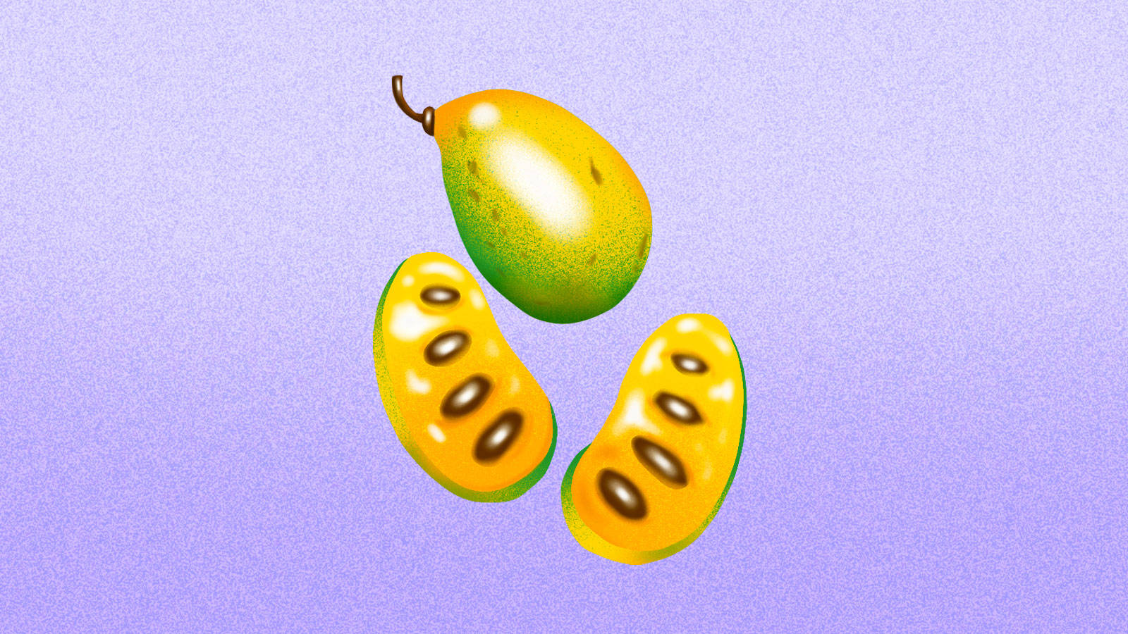 Fruit 桌布 壁紙 — 一個完整和兩個切開的黃綠色芒果，帶黑色種子，漂浮在帶紋理的薰衣草背景上。