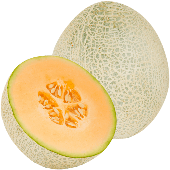 Fruit 桌布 壁紙 — 一個完整和切半的哈密瓜，展示網狀外皮和多汁的橙色果肉及種子。