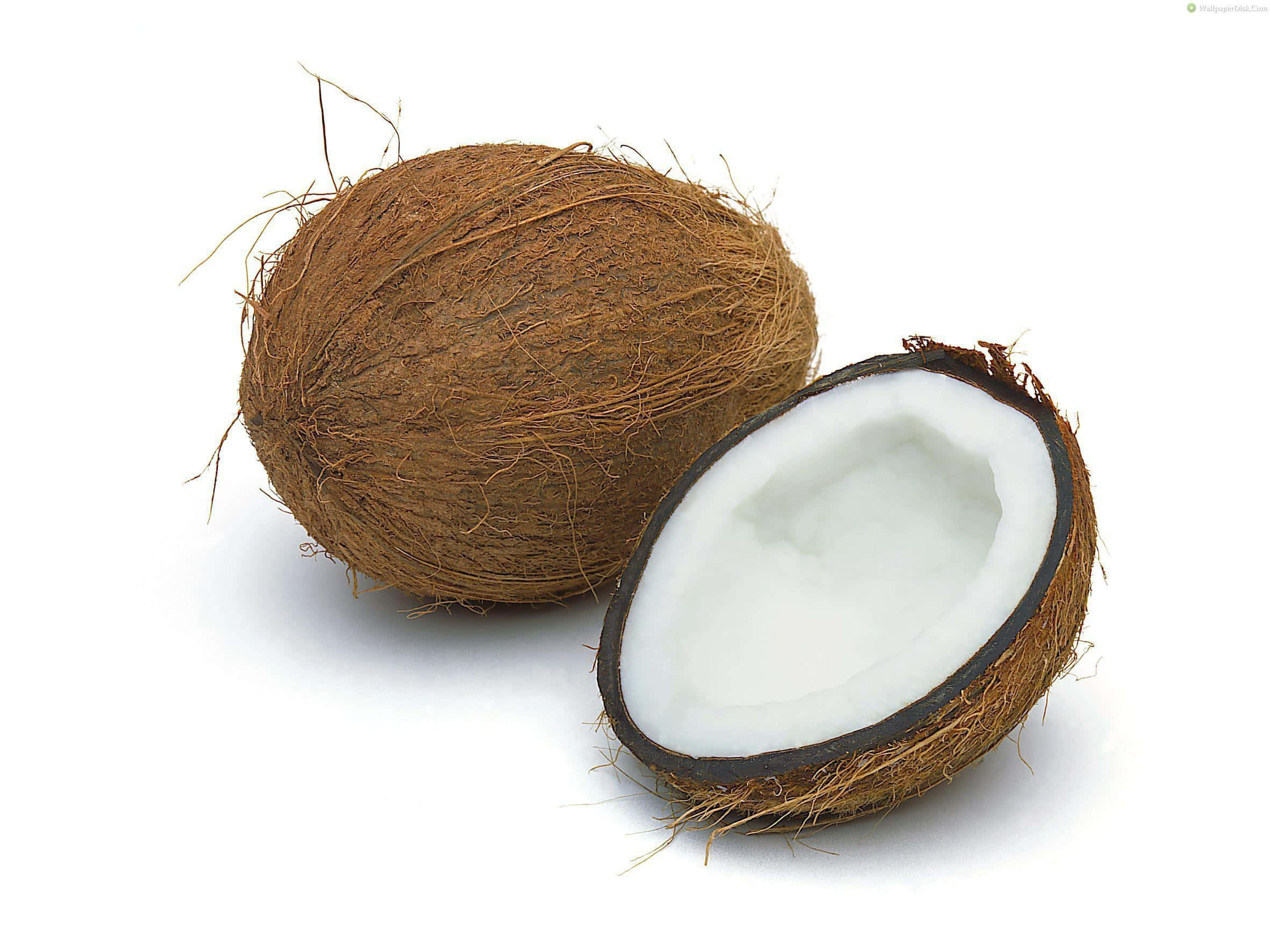 Coconut 桌布 壁紙 — 一個完整和半切的椰子，帶有纖維狀的棕色外殼和奶油白色的內部，置於純白背景上。