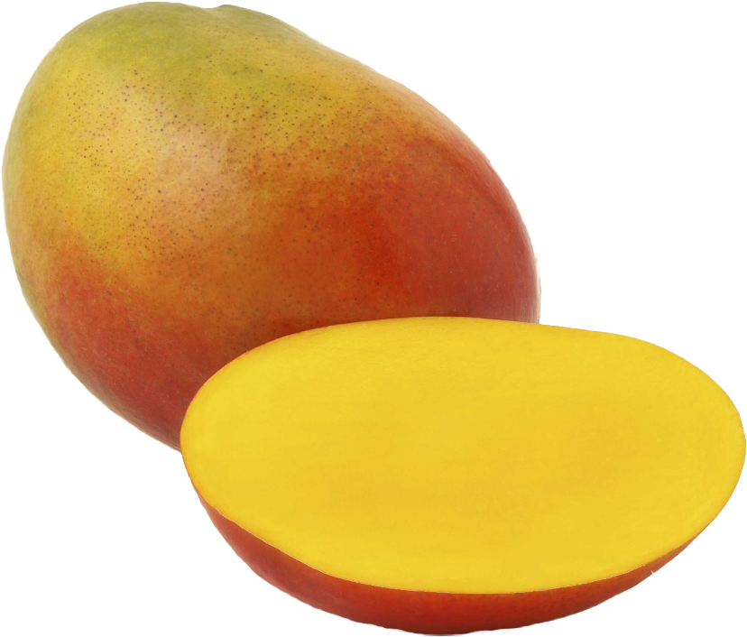 Mangoes 桌布 壁紙 — 一個完整成熟的芒果，伴隨半個切片，在純黑背景下展現出鮮黃色的果肉。
