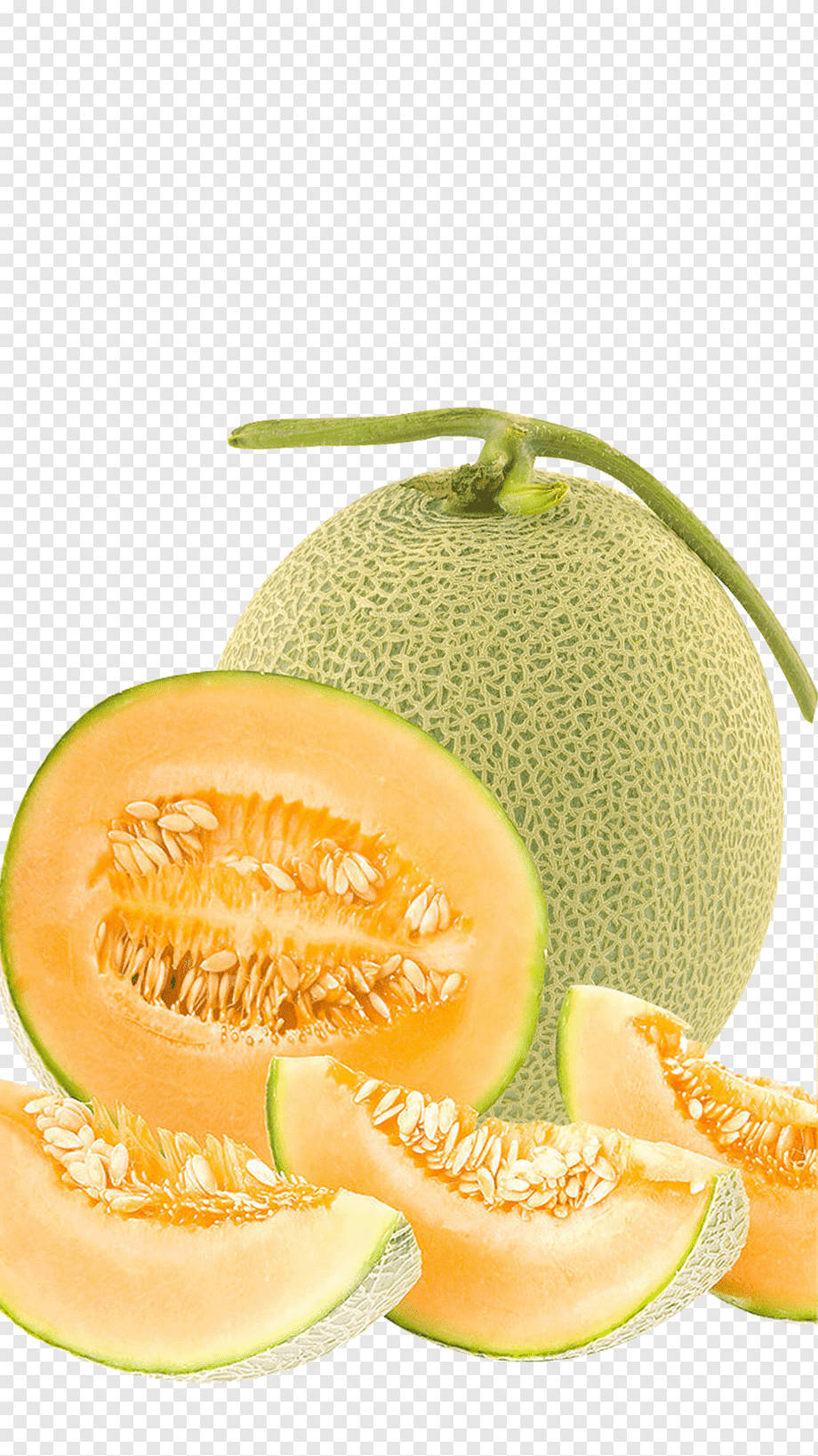 Fruits 桌布 壁紙 — 一個完整的哈密瓜，以及半個和切片版本，在方格背景上展現多汁的橙色果肉和種子。