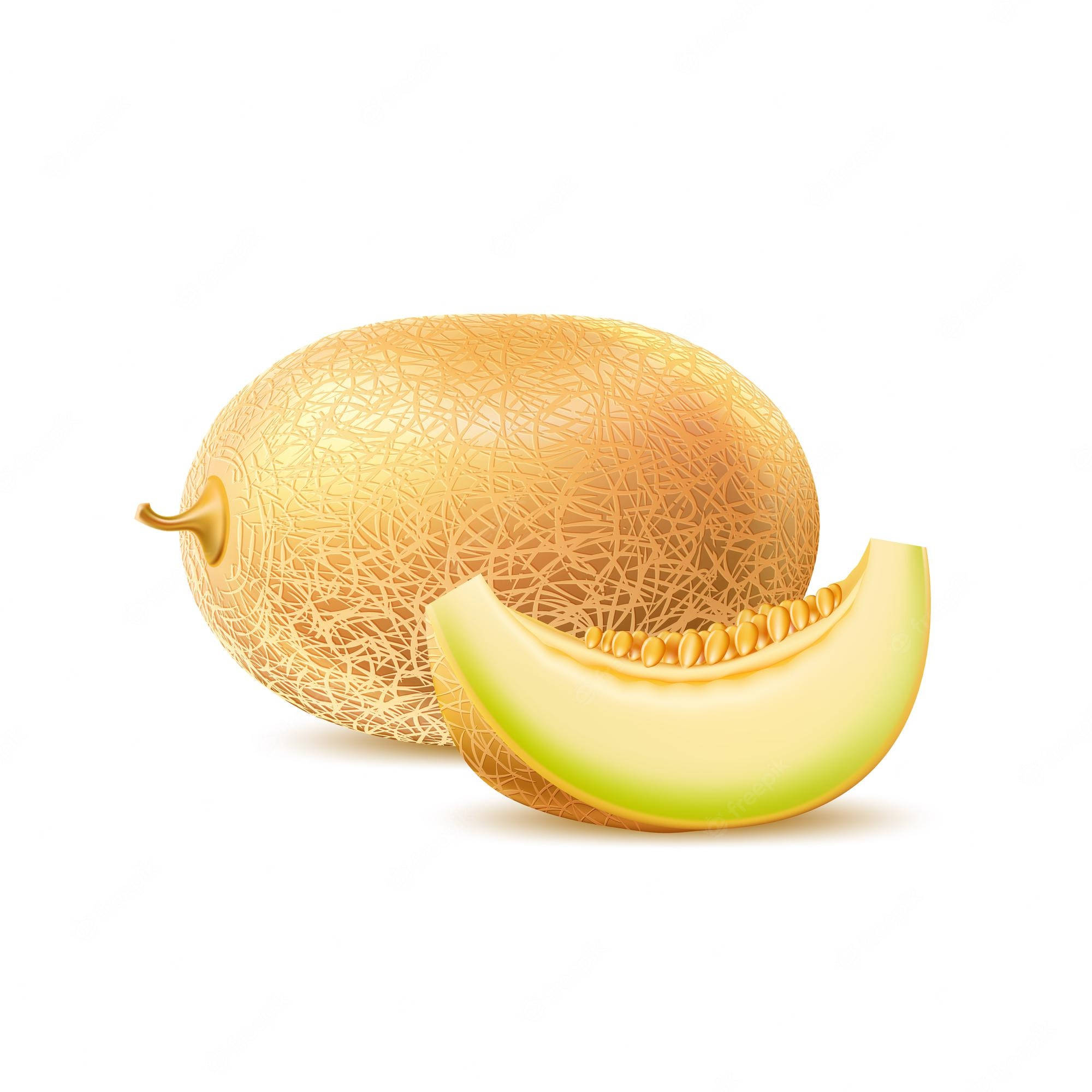 Fruits 桌布 壁紙 — 一個完整的哈密瓜，旁邊有一塊切開的楔形瓜肉，露出多汁的黃色果肉和種子，背景是潔淨的白色。