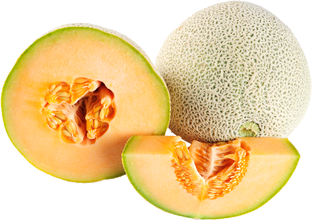 Cantaloupe 桌布 壁紙 — 一個完整的哈密瓜和兩片切塊，在純黑背景上展現多汁的橙色果肉和種子。