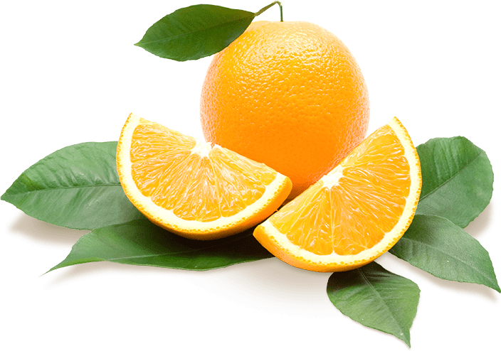 citrus 桌布 壁紙 — 一個完整的柳橙和兩塊多汁的柳橙片放在鮮綠色的葉子上，背景是純綠色。