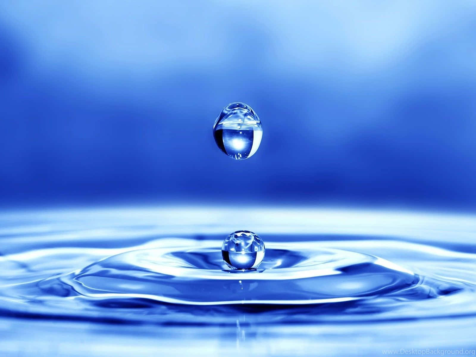 水 桌布 壁紙 — 一個完美的藍色水滴懸浮在漣漪表面之上，在寧靜的瞬間捕捉光線。