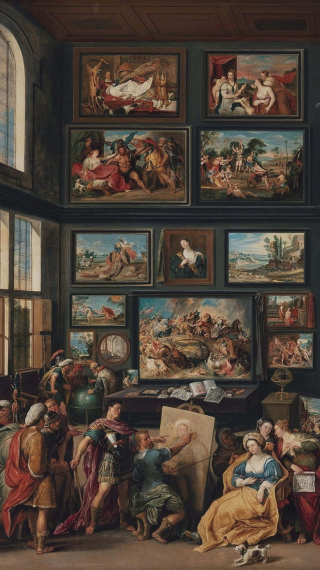 Renaissance 桌布 壁紙 — 一個宏偉的17世紀藝術工作室，充滿古典畫作，學者們圍繞著一位正在工作的中心藝術家。