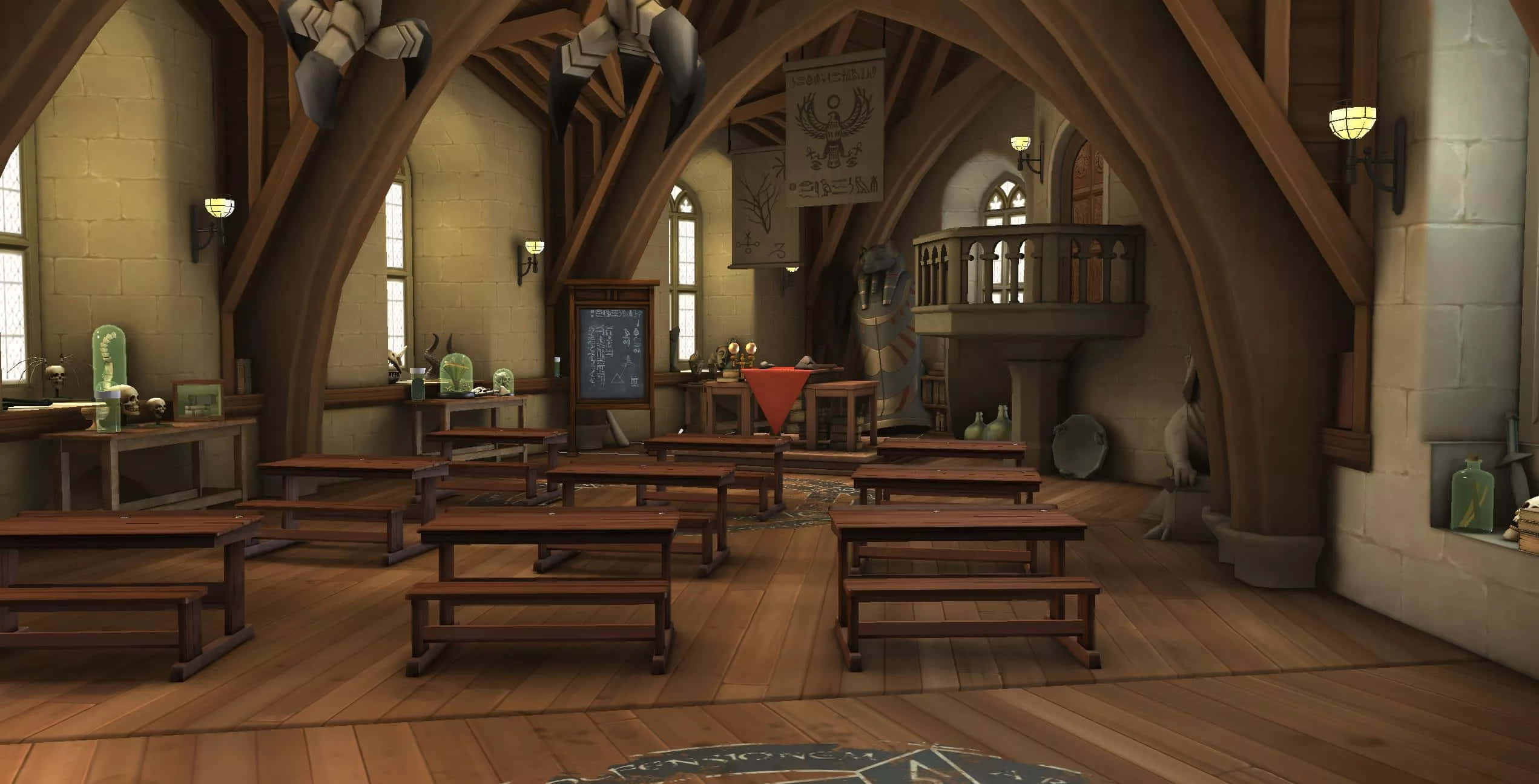 The Hogwarts Potions Class 桌布 壁紙 — 一個宏偉的中世紀教室，配有木製長凳和拱形橫樑，被高窗灑進的溫暖陽光所沐浴。