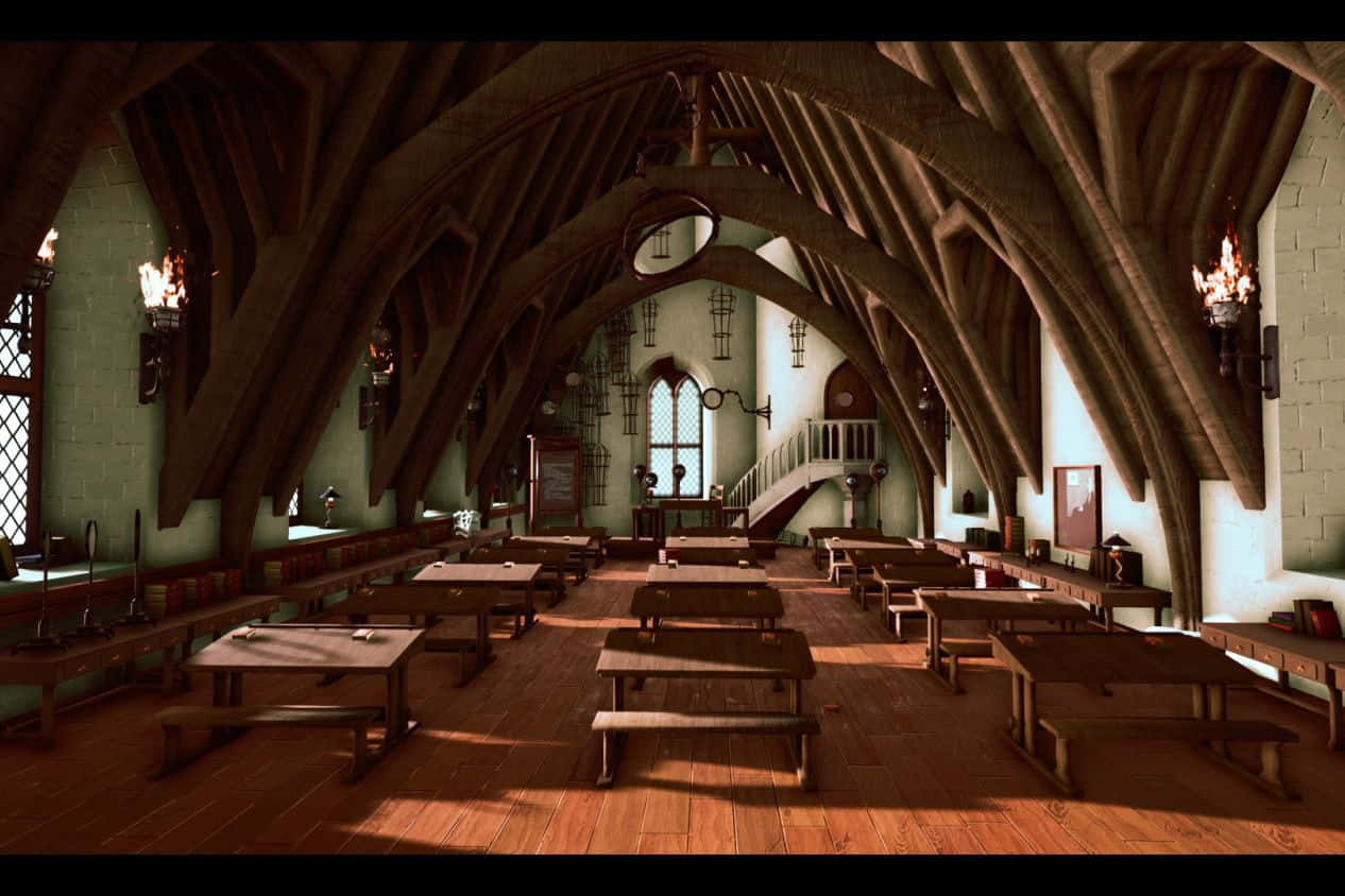 The Hogwarts Potions Class 桌布 壁紙 — 一個宏偉的中世紀風格大廳，木樑和桌子沐浴在高窗透進的溫暖陽光中。