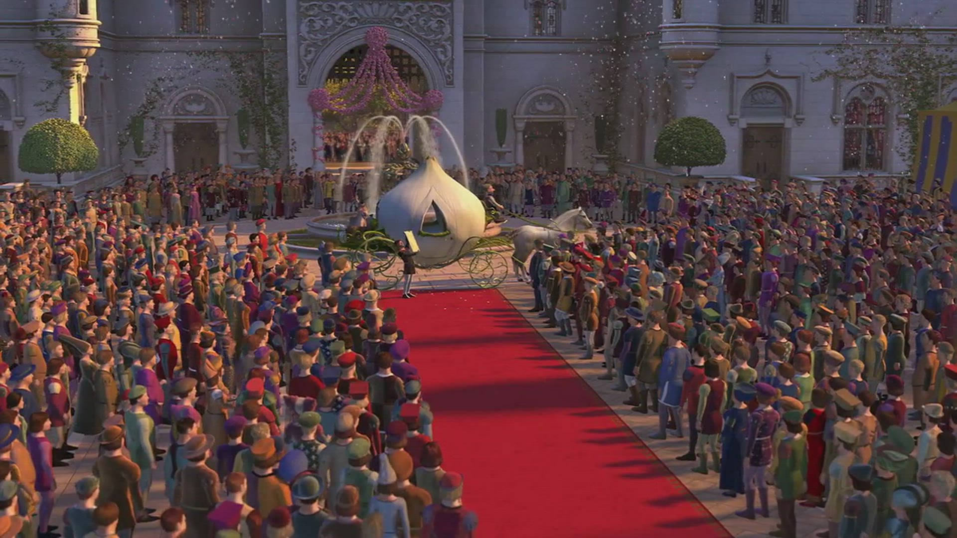 Shrek 2 桌布 壁紙 — 一個宏偉的動畫場景顯示一輛白色馬車由一匹馬拉著，沿著紅地毯穿過皇宮前的人群。
