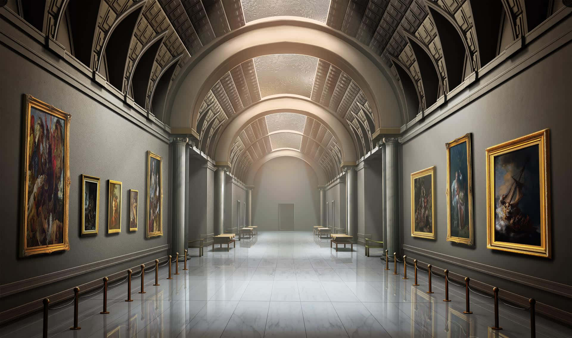 Museum 桌布 壁紙 — 一個宏偉的博物館畫廊，拱形天花板下，灰色牆壁上掛滿金色畫框的畫作，光線柔和。