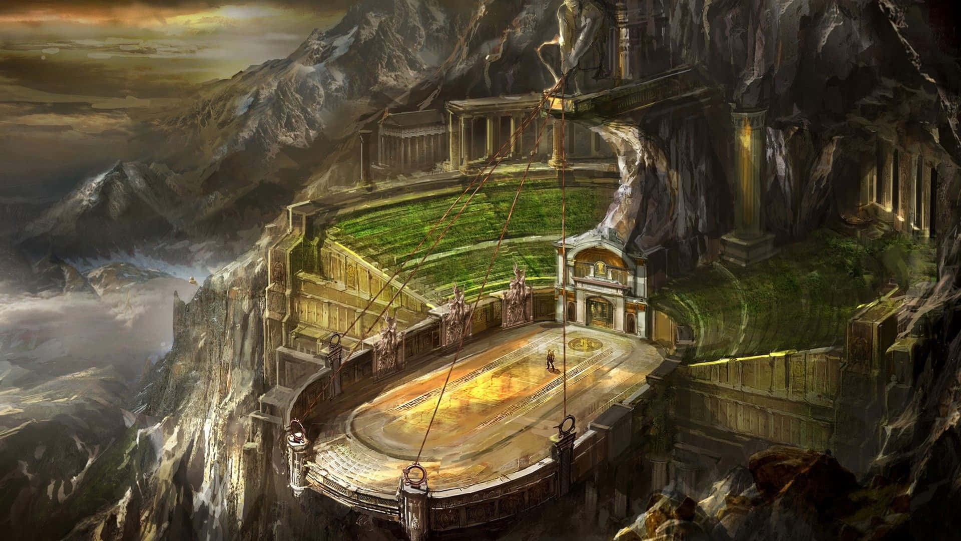 奇幻藝術 桌布 壁紙 — 一個宏偉的古代圓形劇場雕刻在山崖上，俯瞰著金色時刻的霧氣山谷。