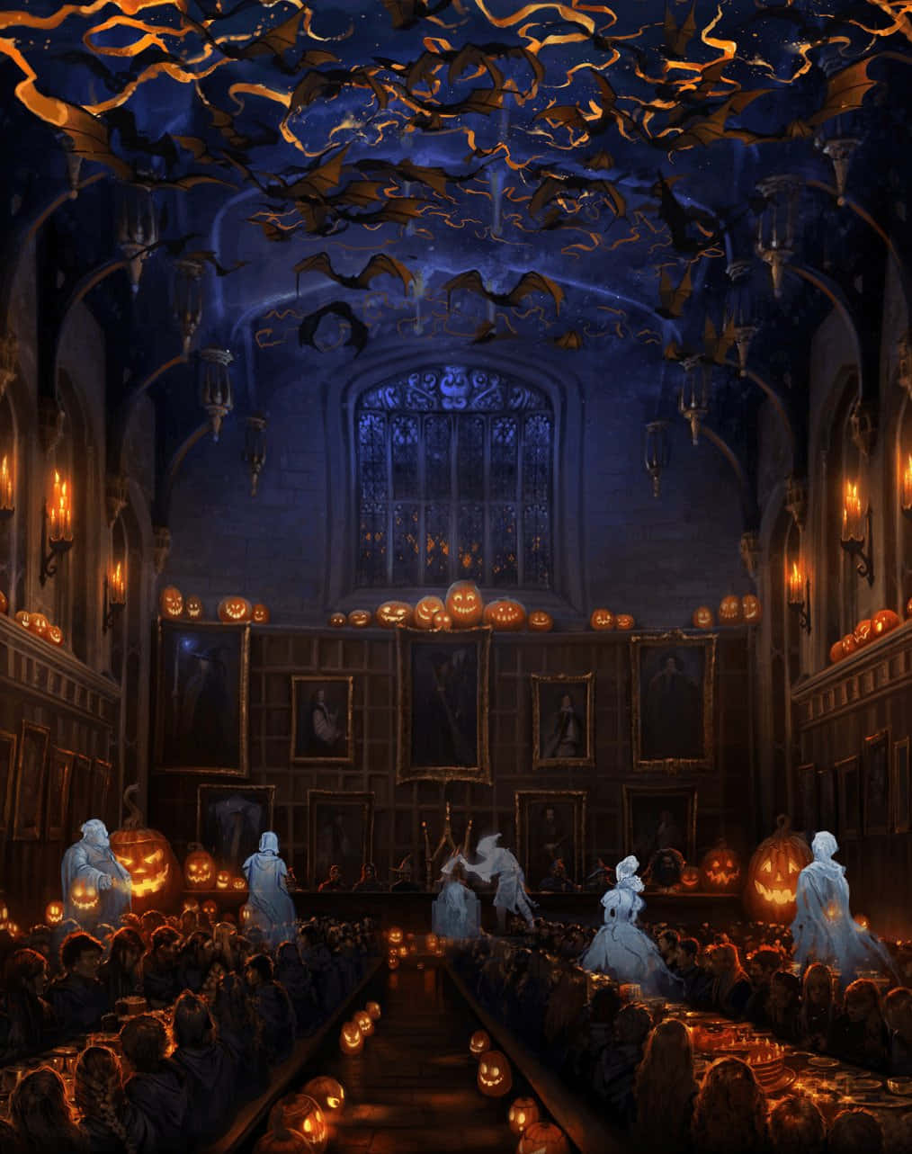 The Hogwarts Great Hall 桌布 壁紙 — 一個宏偉的哥德式大廳，充滿發光的傑克南瓜燈和漂浮的蝙蝠，在星空天花板下。