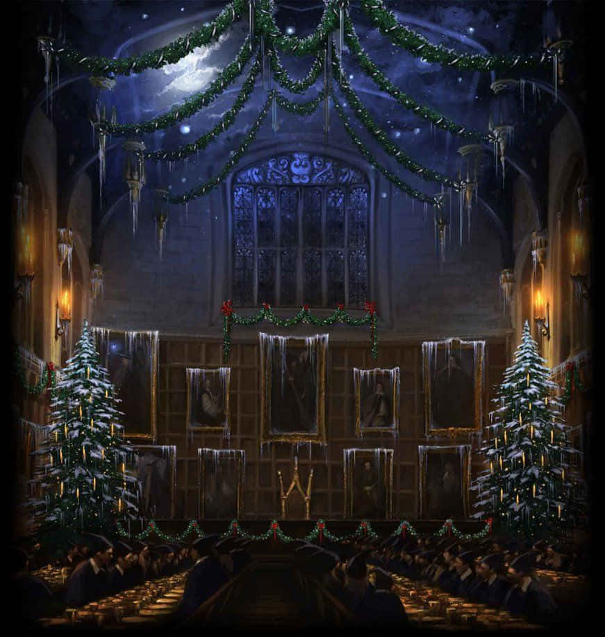 Harry Potter Christmas 桌布 壁紙 — 一個宏偉的哥德式用餐大廳，裝飾著白雪覆蓋的聖誕樹和冰柱，在星空下。
