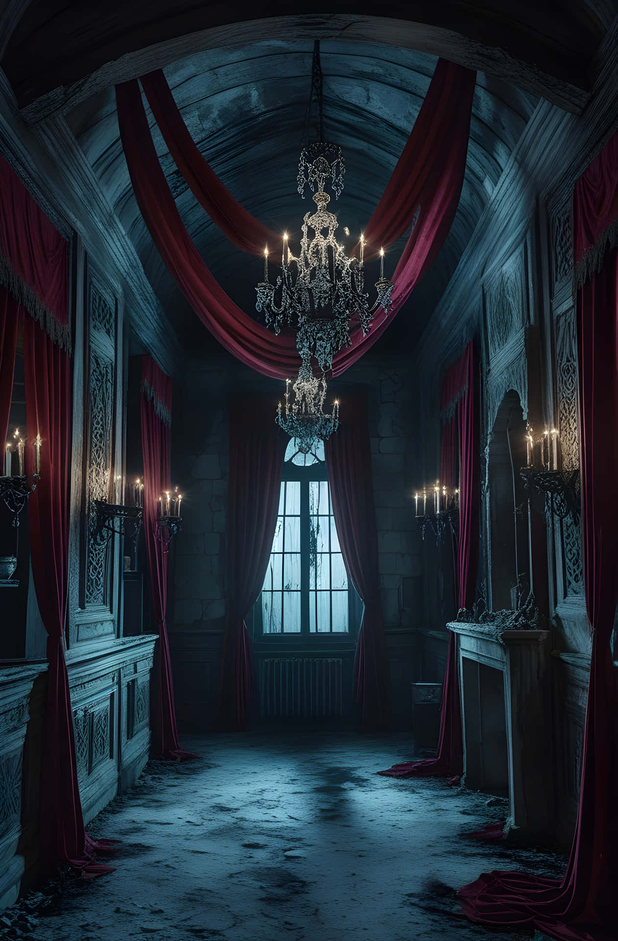 Victorian Gothic Interior 壁紙 — 一個宏偉的哥德式走廊，裝飾華麗的吊燈和厚重的紅色窗簾懸掛在燭光照亮的塵土地板上。