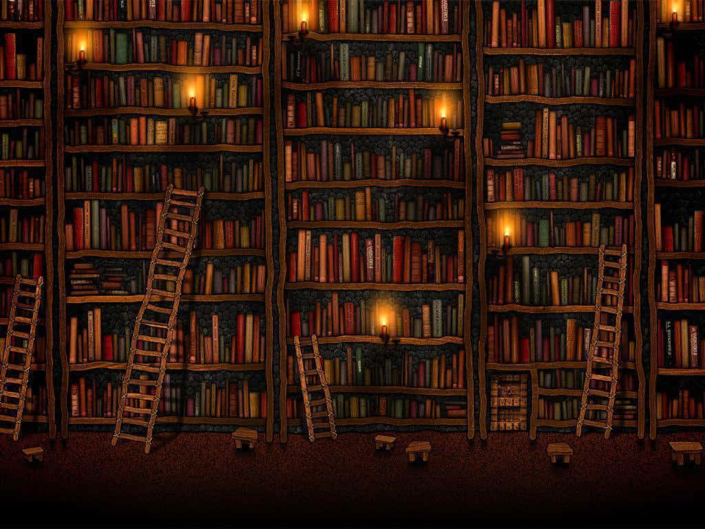literature 桌布 壁紙 — 一個宏偉的圖書館，擁有高聳的書架，由溫暖的燭光照亮，木梯子延伸到書架中。