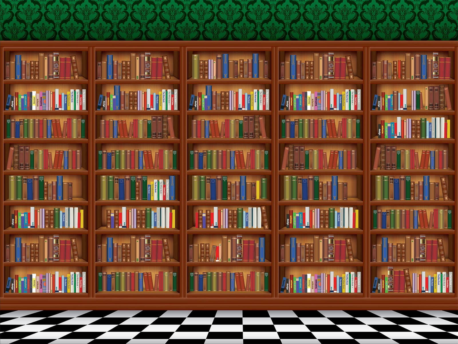 Animated 桌布 壁紙 — 一個宏偉的圖書館，高高的木書架上擺滿了色彩繽紛的書籍，背景是綠色錦緞壁紙和黑白棋盤格地板。